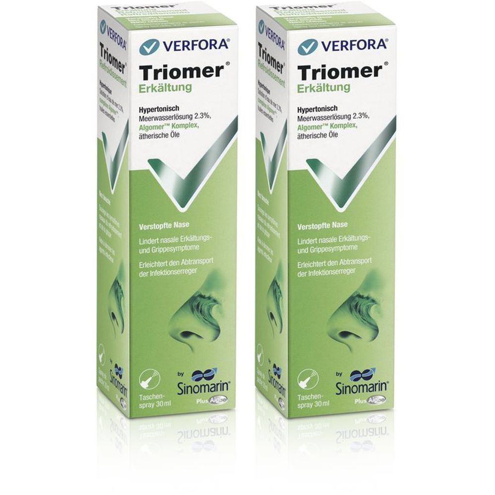 Twee groene dozen met witte tekst. Opschrift: Triomer Erkältung, Sinomarin. Neusspray.