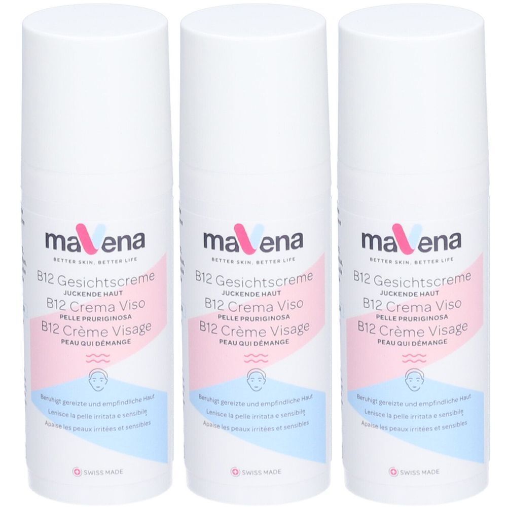 Trois flacons blancs de crème pour le visage MAVENA® B12. Inscription : B12 Gesichtscreme, Juckende Haut, B12 Crema Viso, PELLE PRURIGINOSA, B12 Crème Visage, PEAU QUI DEMANGE.