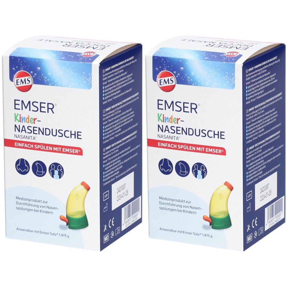 Twee dozen EMSER Kinder-neusdouche. Opschrift: EMSER, Kinder-neusdouche, Nasanita, gewoon spoelen met EMSER. Medisch hulpmiddel.