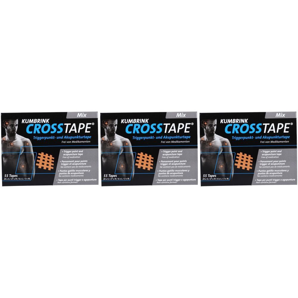 Drie verpakkingen CROSSTAPE Mix Tape. Zwarte verpakking met productnaam en afbeelding van een man. 55 tapes per verpakking.