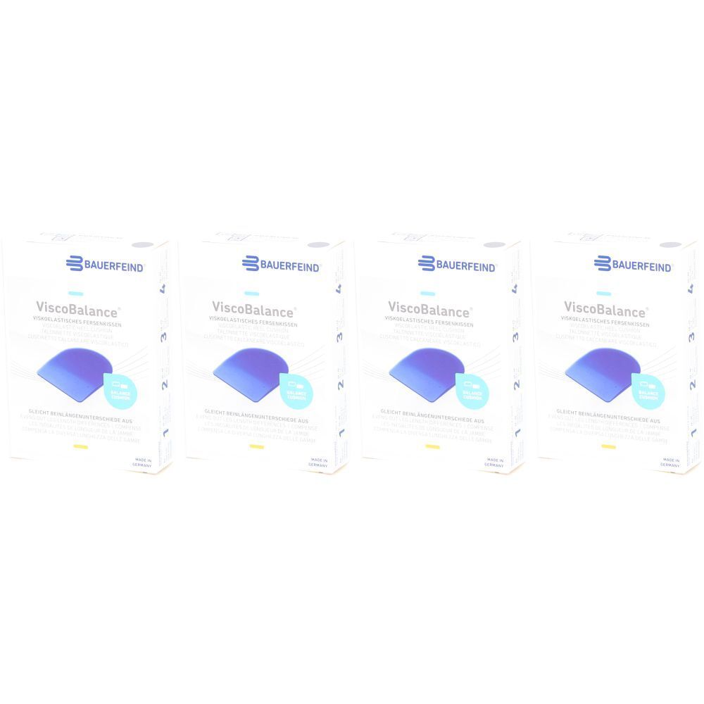 Quatre boîtes de produit. Sur chaque boîte, "BAUERFEIND ViscoBalance". Un coussin bleu est représenté.