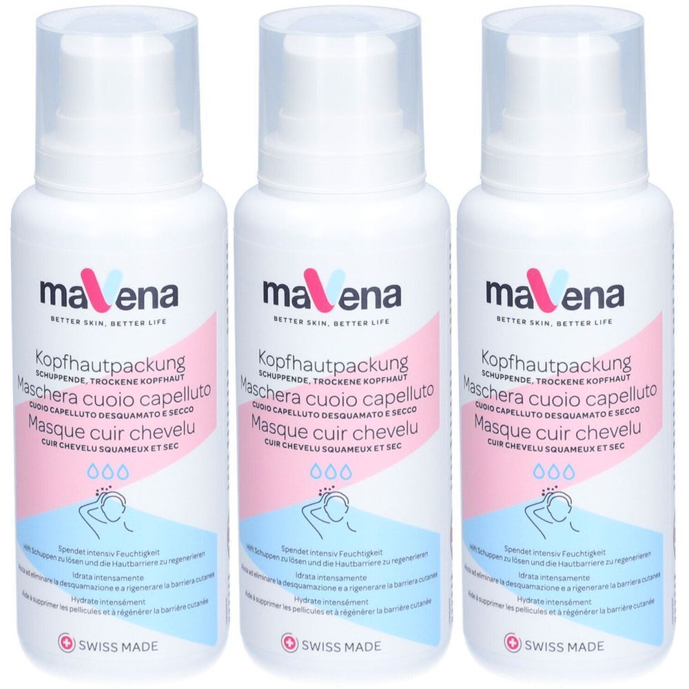Drie witte flessen met spraykop. Op elke fles staat "mavena" en "Kopfhautpackung". "Swiss Made" is ook zichtbaar.