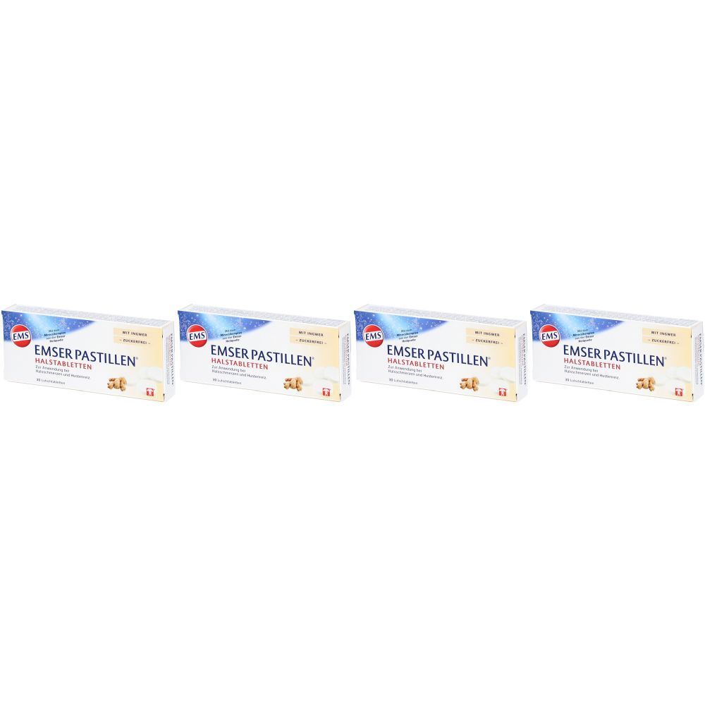 Quatre boîtes de pastilles EMSER au gingembre. Emballage blanc avec texte bleu et rouge. Inscription : Pastilles sans sucre.