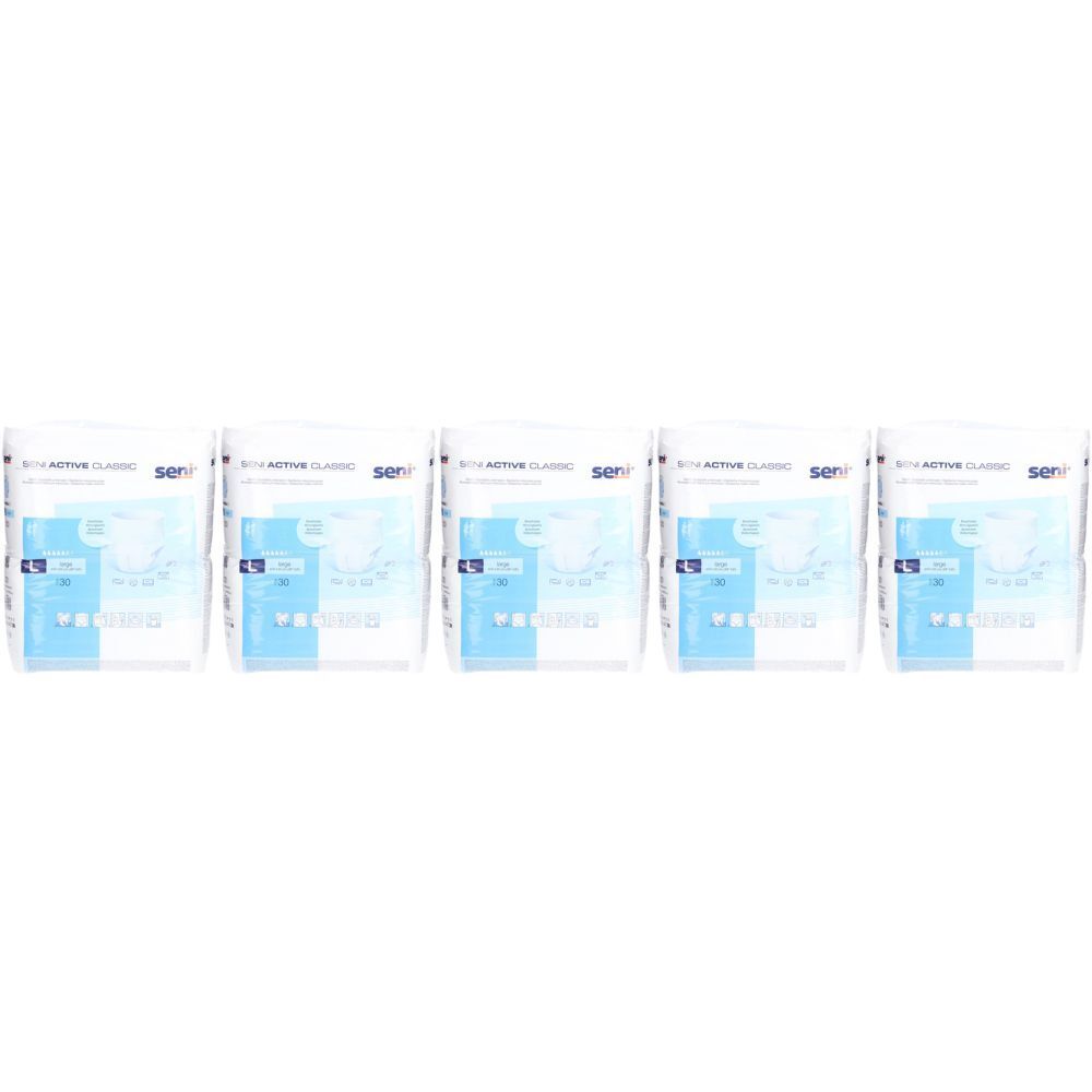 Cinq paquets de SENI Active Klassische Hose L. Emballage blanc avec des accents bleus. Texte : SENI, Active, Klassische Hose, L.