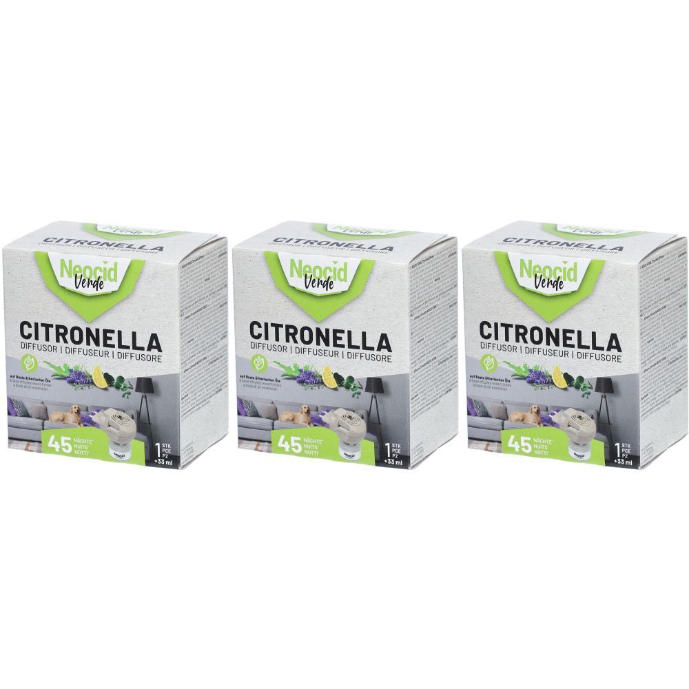 Trois boîtes de CITRONELLA. Marque Neocid Verde. Illustration de lavande, citron et salon. Inscriptions : 45 et 15 ml.
