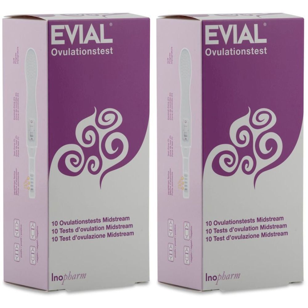 Twee dozen EVIAL ovulatietesten. Opschrift: 10 Ovulationstests Midstream. Paars en wit ontwerp met productafbeelding. Inopbarm logo.