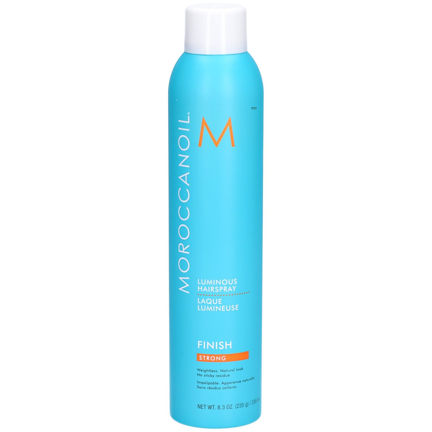 Turquoise haarsprayfles met witte dop. MOROCCANOIL-logo en productnaam. "Luminous Hairspray Strong" staat op de fles.