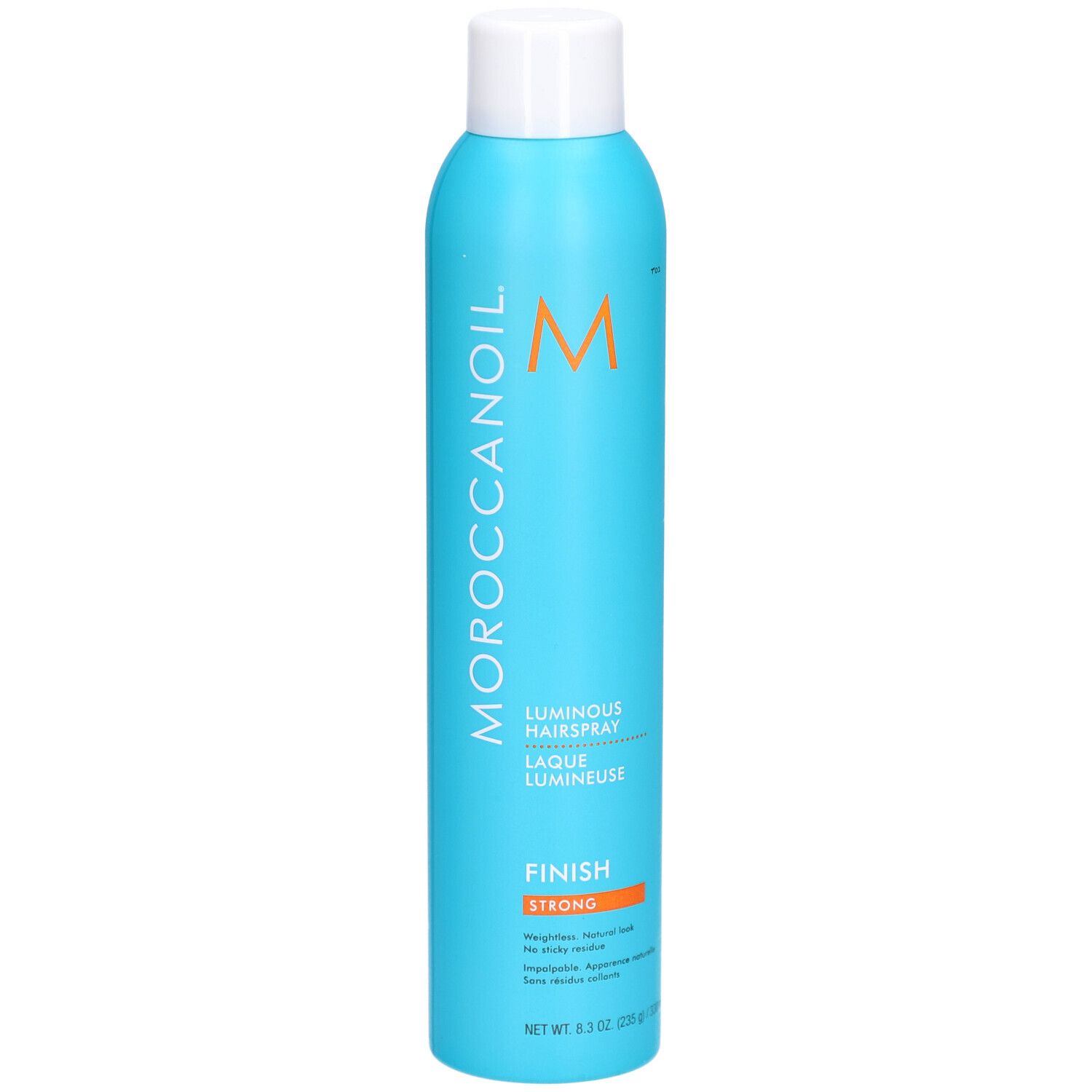 Turquoise haarsprayfles met witte dop. MOROCCANOIL-logo en productnaam. "Luminous Hairspray Strong" staat op de fles.