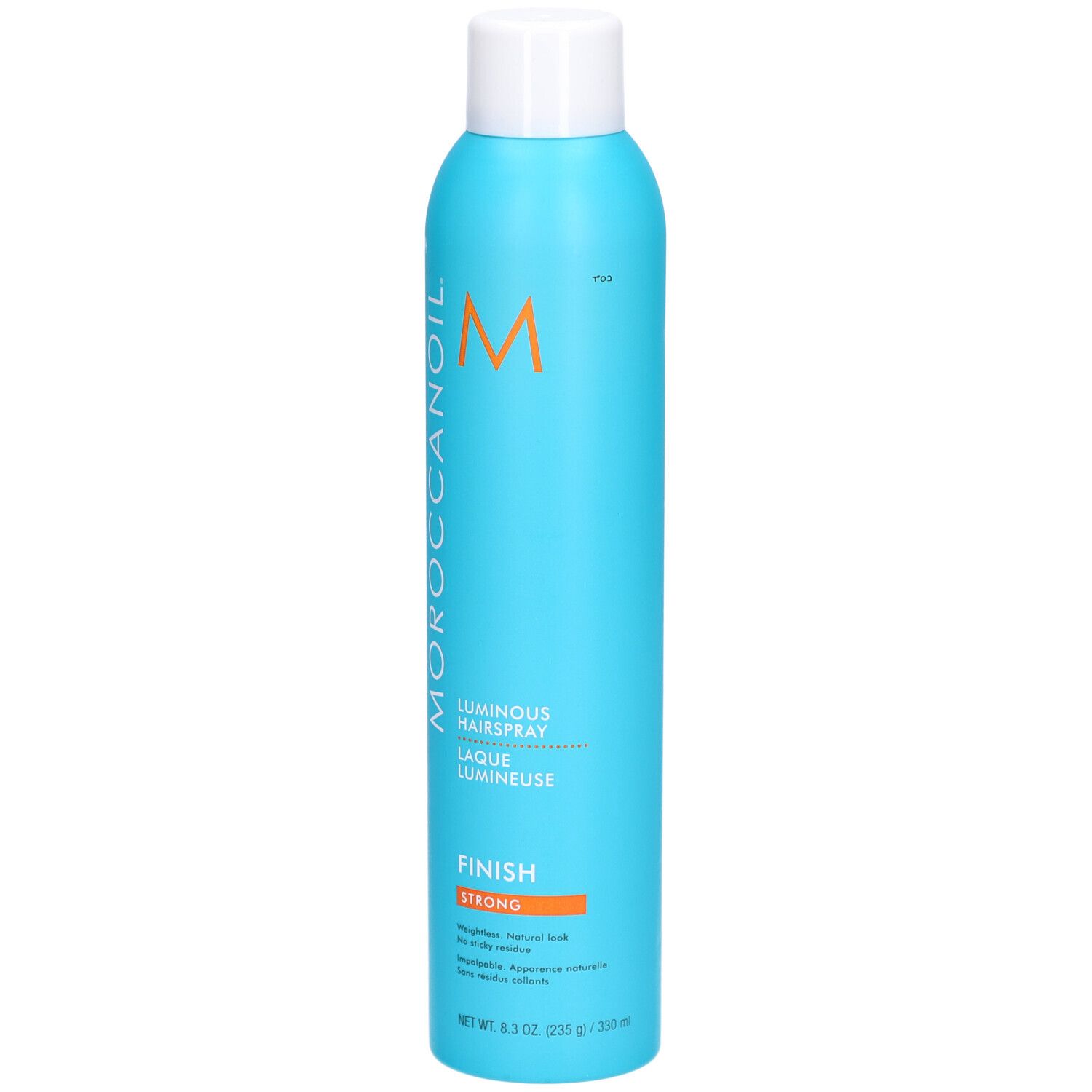 Turquoise haarsprayfles met witte dop. MOROCCANOIL-logo en productnaam. "Luminous Hairspray Strong" staat op de fles.