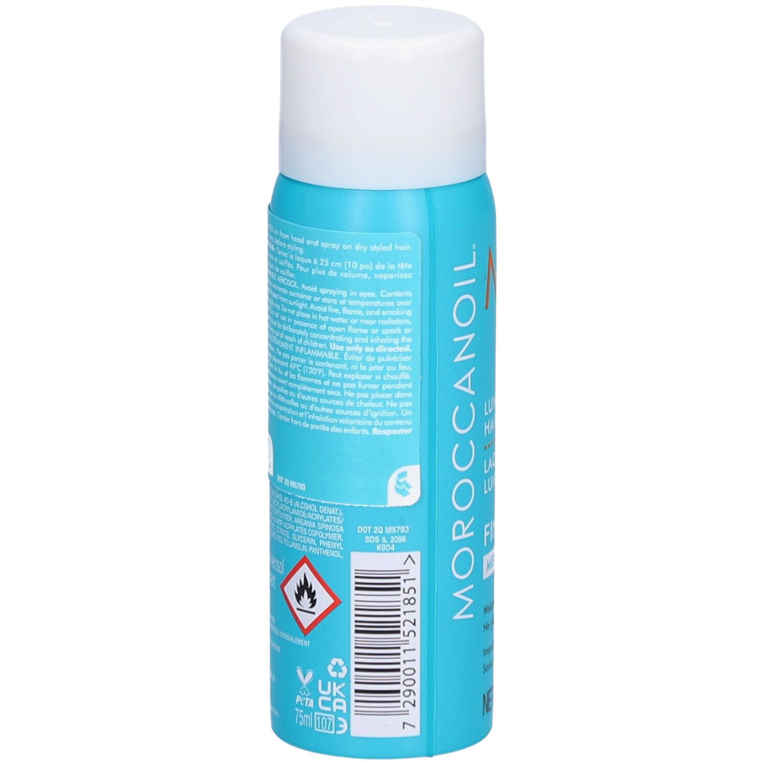 Achterkant van een turquoisekleurige sprayfles met witte dop. Tekst en symbolen. Streepjescode en waarschuwingen.