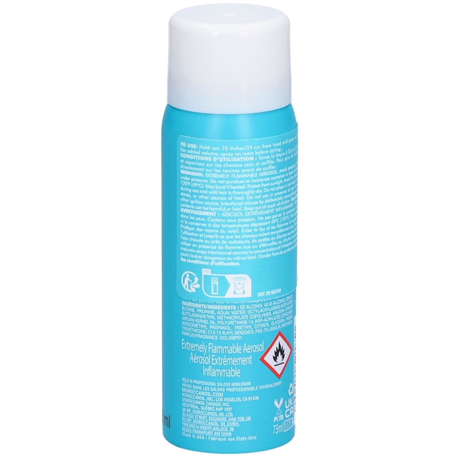 Achterkant van een turquoisekleurige sprayfles met witte dop. Tekst en symbolen. Waarschuwing: Zeer licht ontvlambare aerosol.