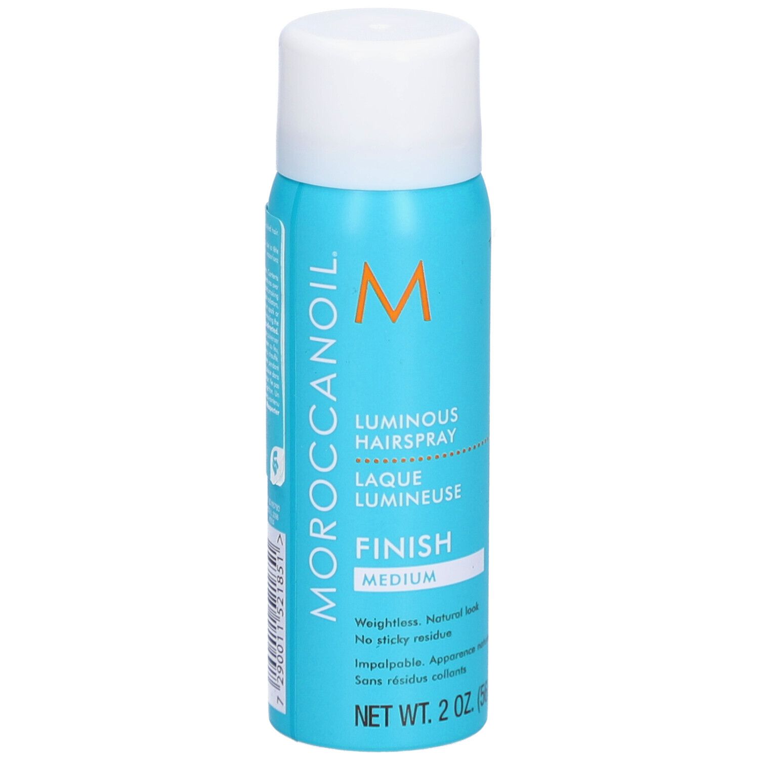 Turquoisekleurige sprayfles met witte dop. Opschrift: MOROCCANOIL, Luminous Hairspray, Finish Medium. Netto inhoud: 2 oz. (56 g).