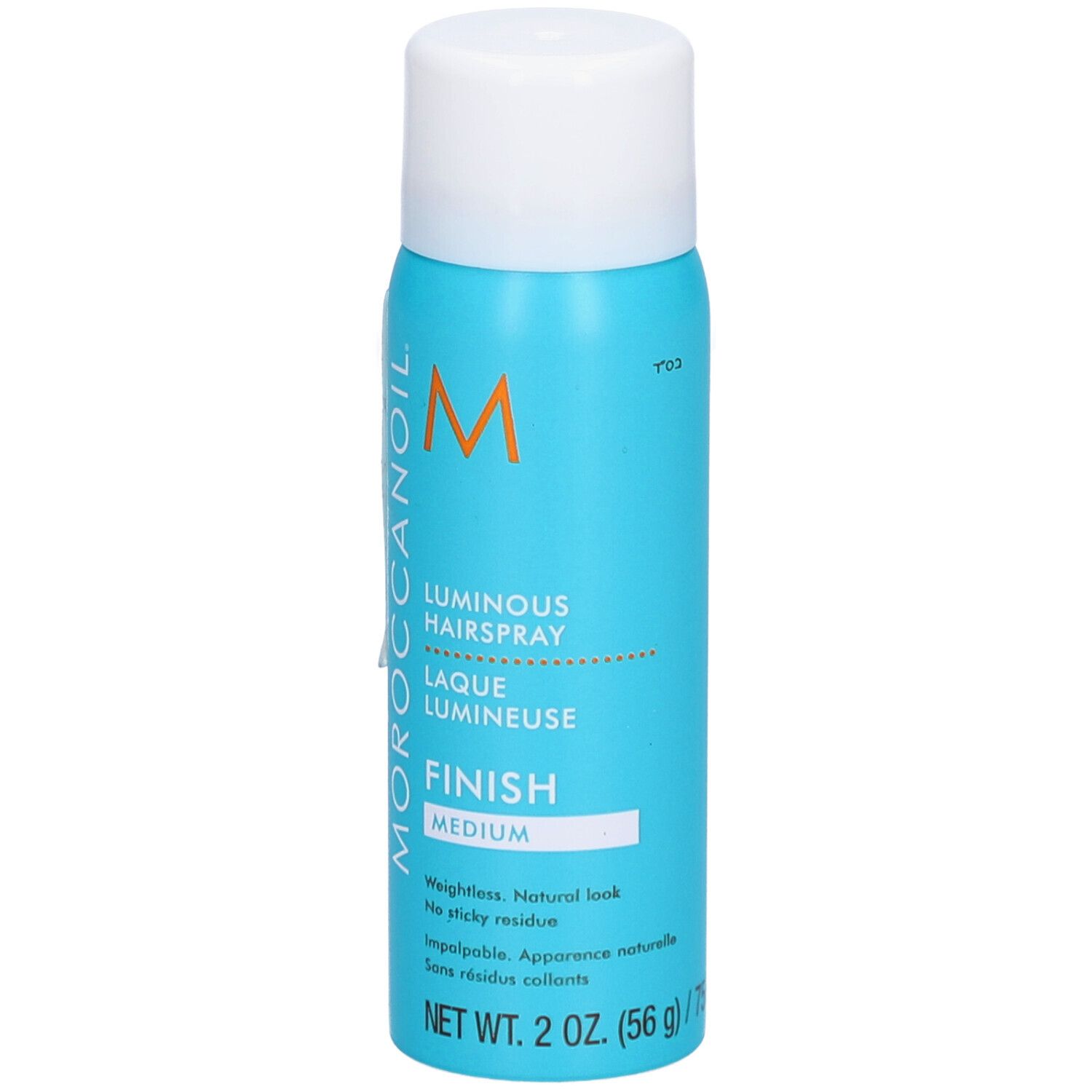 Turquoisekleurige sprayfles met witte dop. Opschrift: MOROCCANOIL, Luminous Hairspray, Finish Medium. Netto inhoud: 2 oz. (56 g).