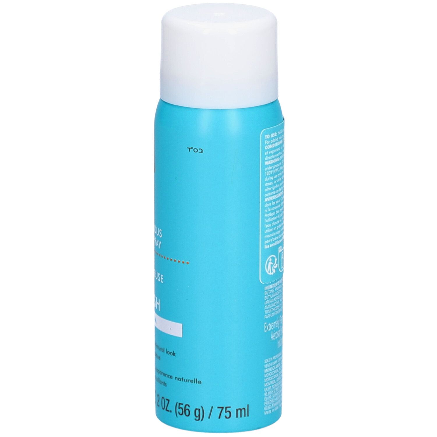 Achterkant van een turquoisekleurige sprayfles met witte dop. Tekst en symbolen. Netto inhoud: 2 oz. (56 g) / 75 ml.