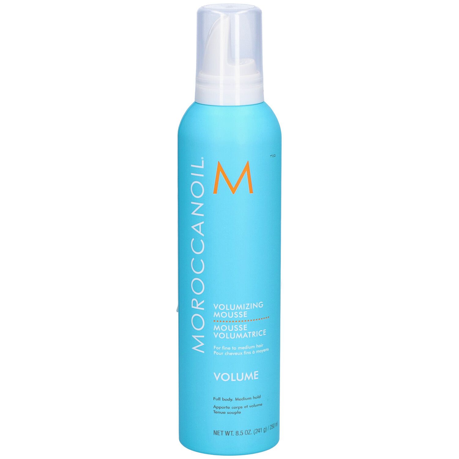 Turquoise fles met witte sproeikop. Oranje 'M' en 'MOROCCANOIL'. Tekst: 'VOLUMIZING MOUSSE'. Volume: 8.5 oz (241 g).