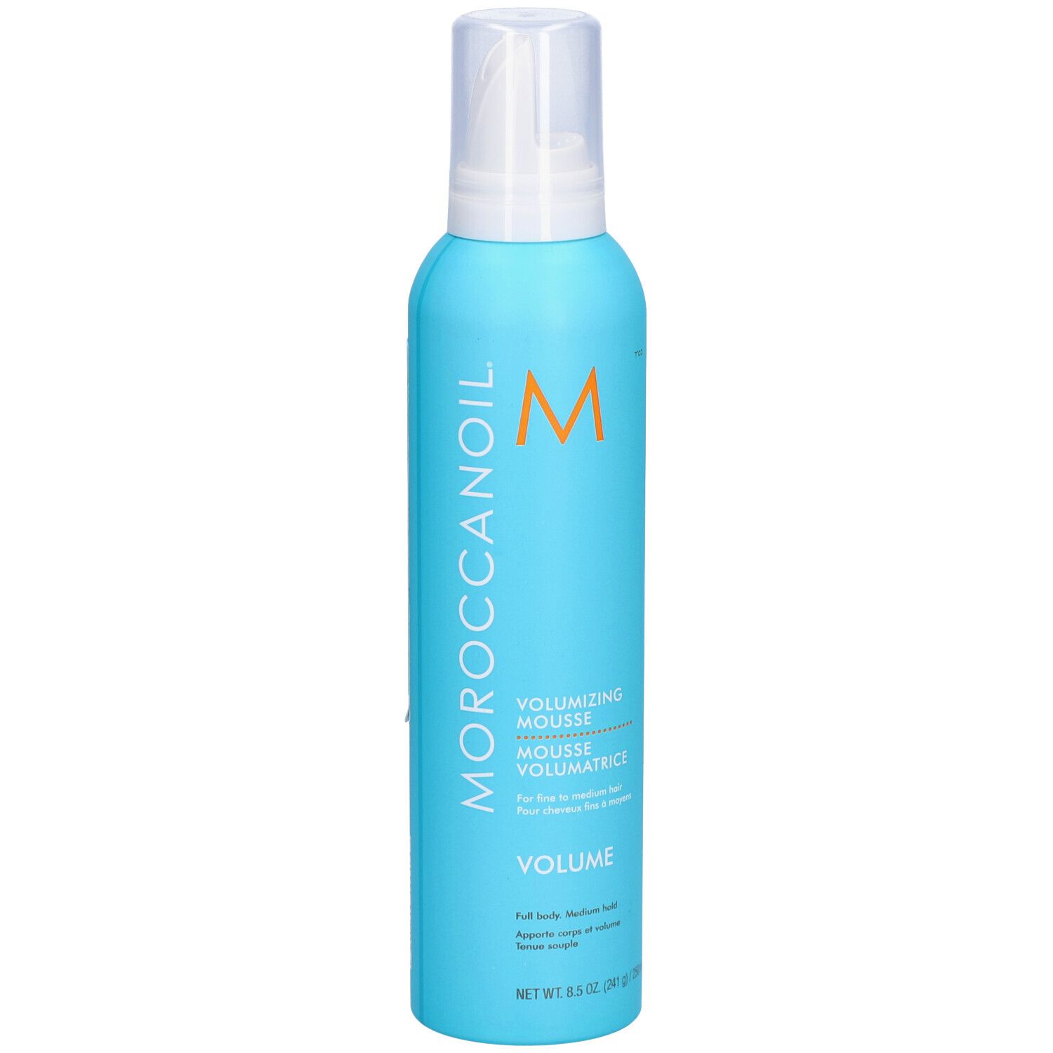 Turquoise fles met witte sproeikop. Oranje 'M' en 'MOROCCANOIL'. Tekst: 'VOLUMIZING MOUSSE'. Volume: 8.5 oz (241 g).