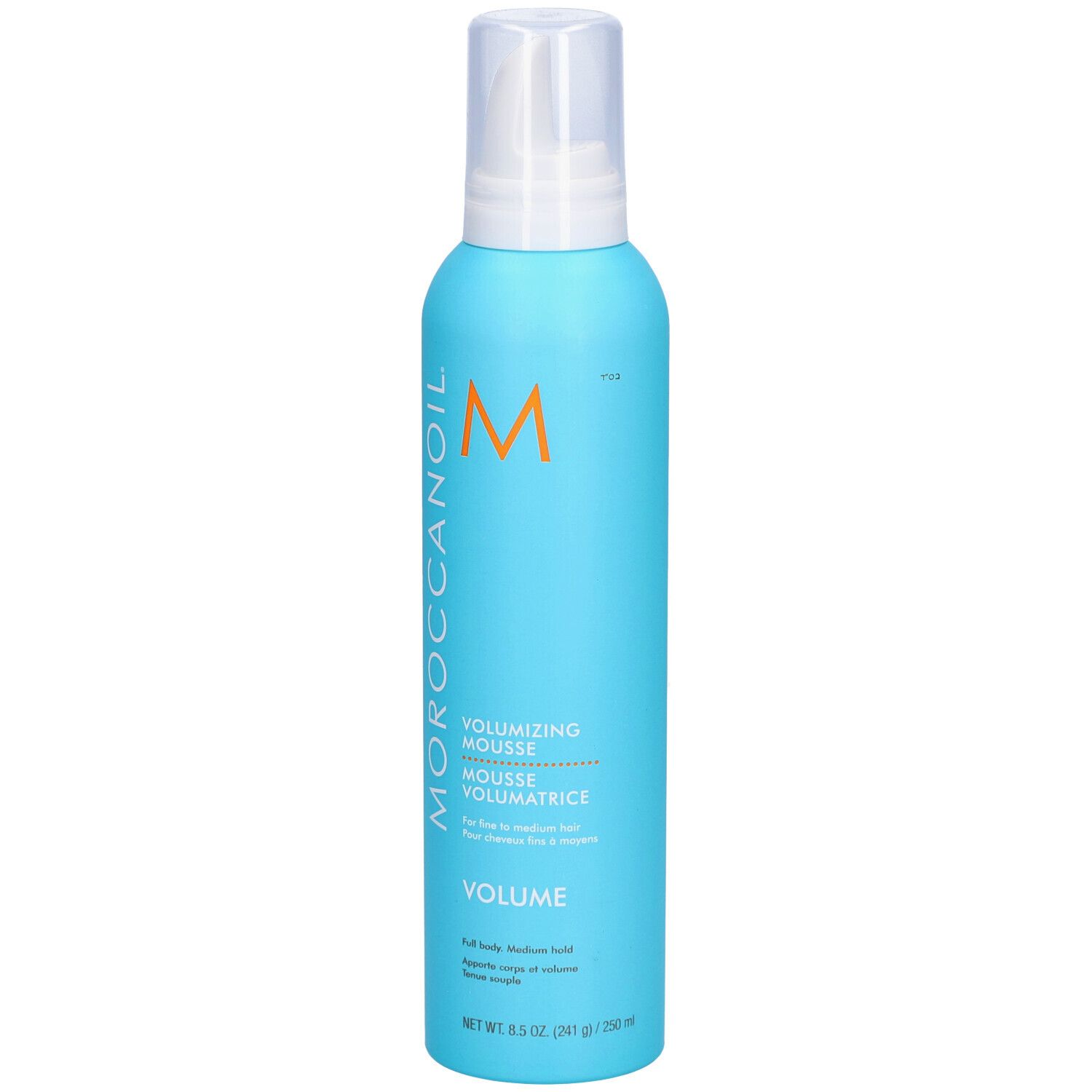 Turquoise fles met witte sproeikop. Oranje 'M' en 'MOROCCANOIL'. Tekst: 'VOLUMIZING MOUSSE'. Volume: 8.5 oz (241 g).