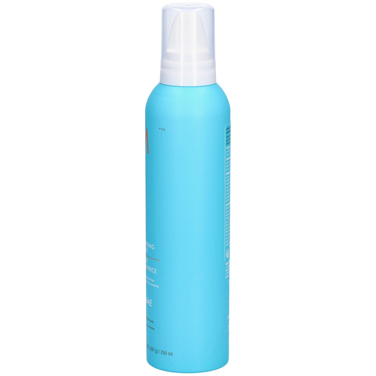 Turquoise fles met witte sproeikop. Zijkant met tekst. 'MOROCCANOIL' verticaal.