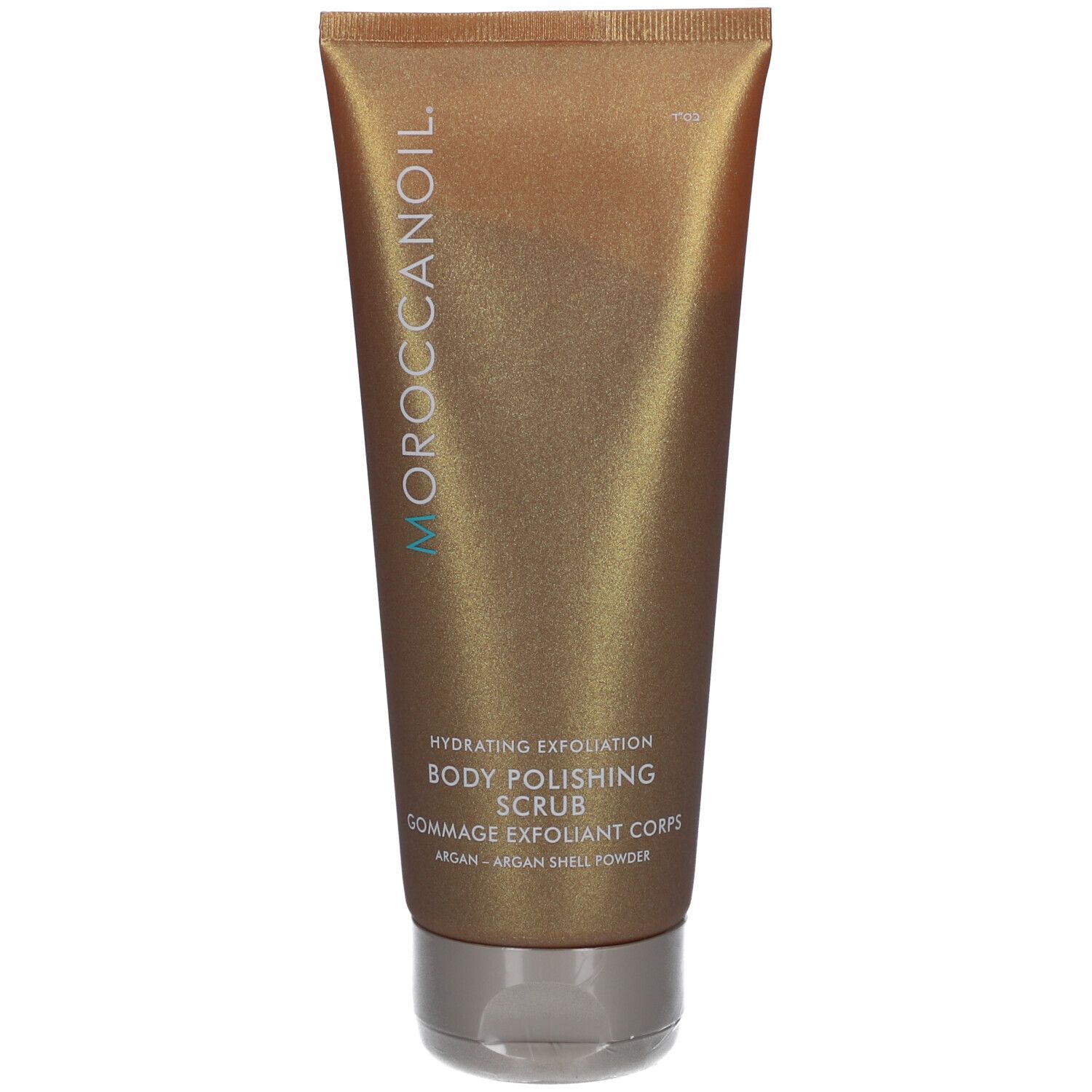 Tube dorée. Inscriptions: Moroccanoil, Body Polishing Scrub, Gommage Exfoliant Corps. Bouchon gris.
