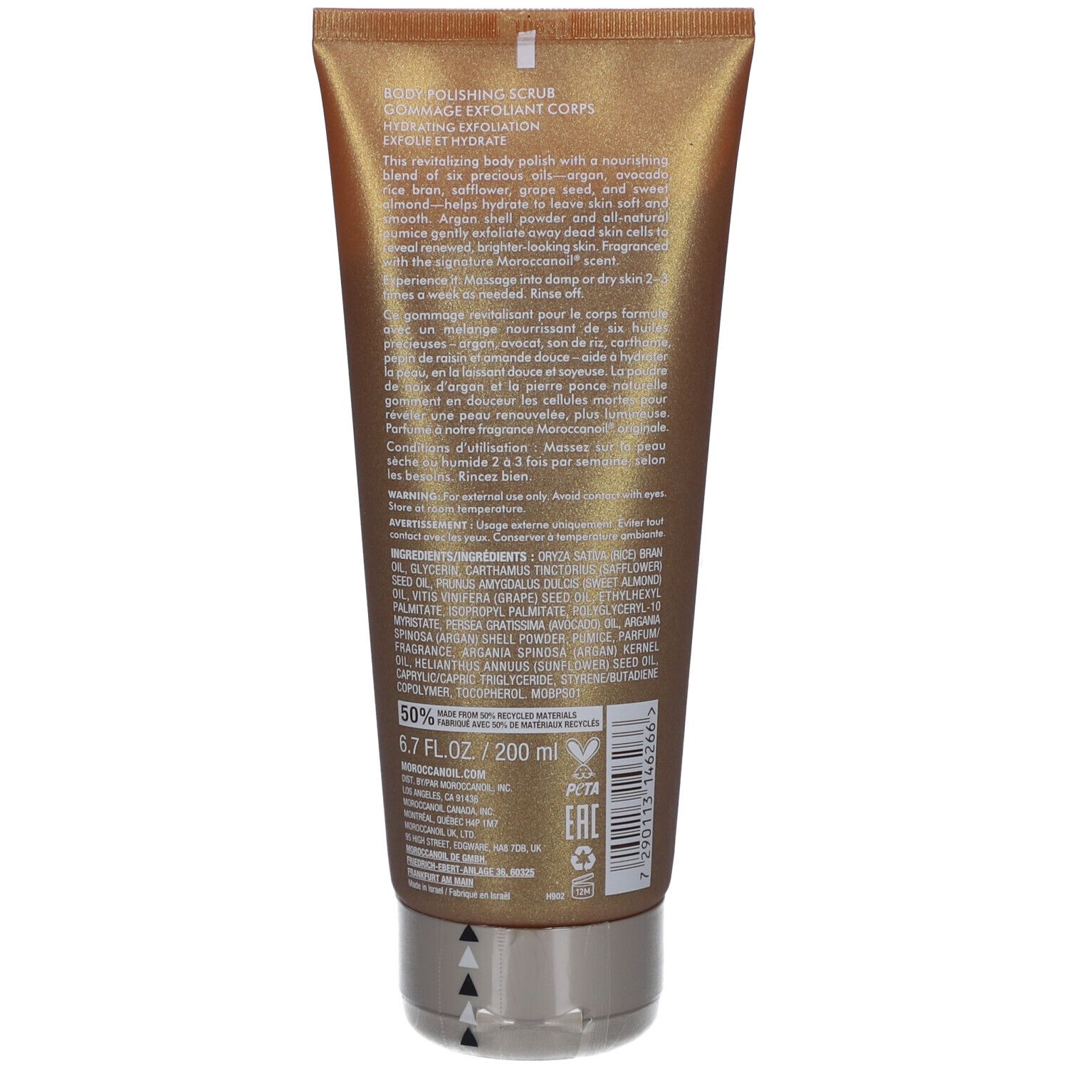 Dos du tube. Texte multilingue. Ingrédients, avertissements, informations fabricant. Logo vegan.