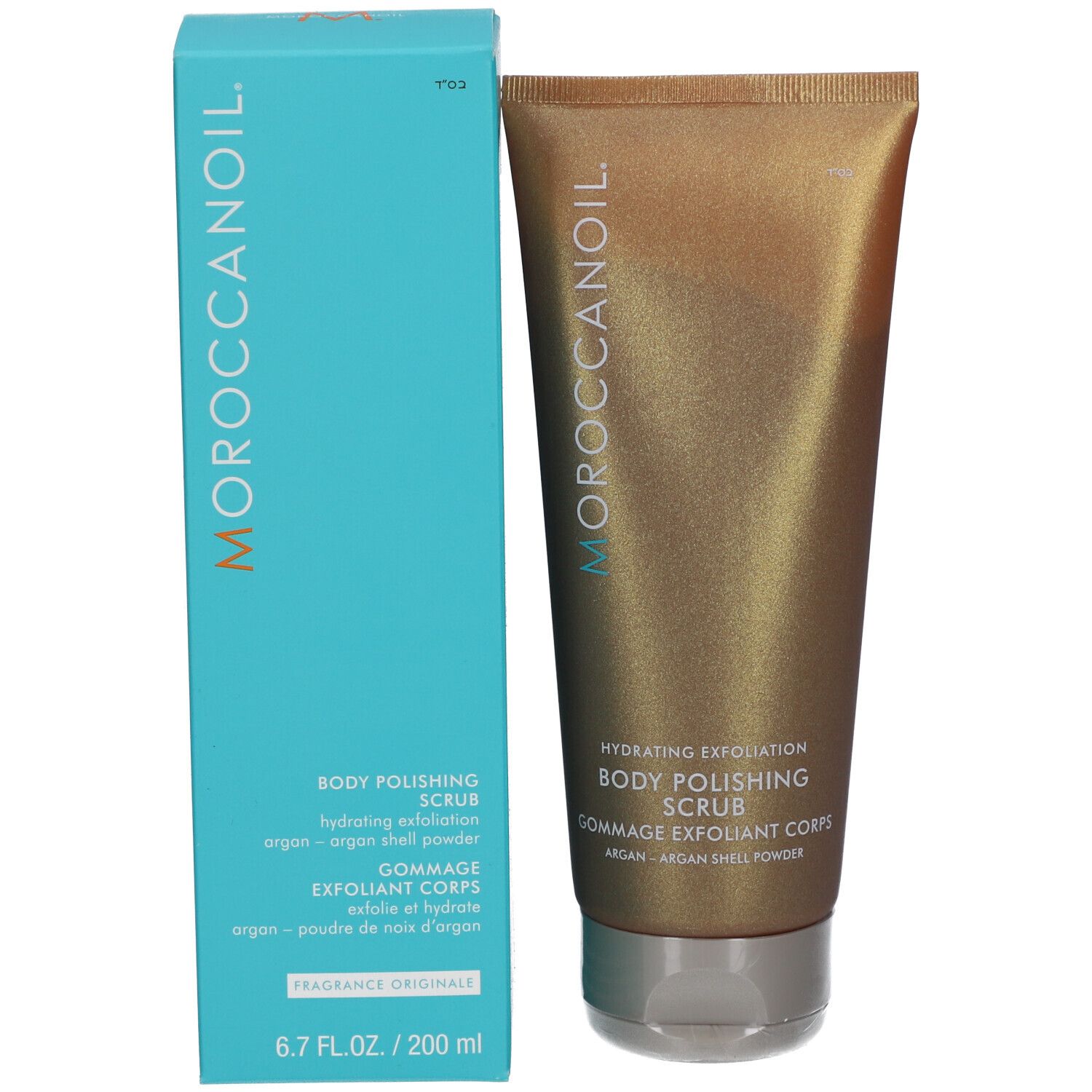 Produit et emballage. Boîte turquoise et tube doré. Inscription: Moroccanoil, Body Polishing Scrub.