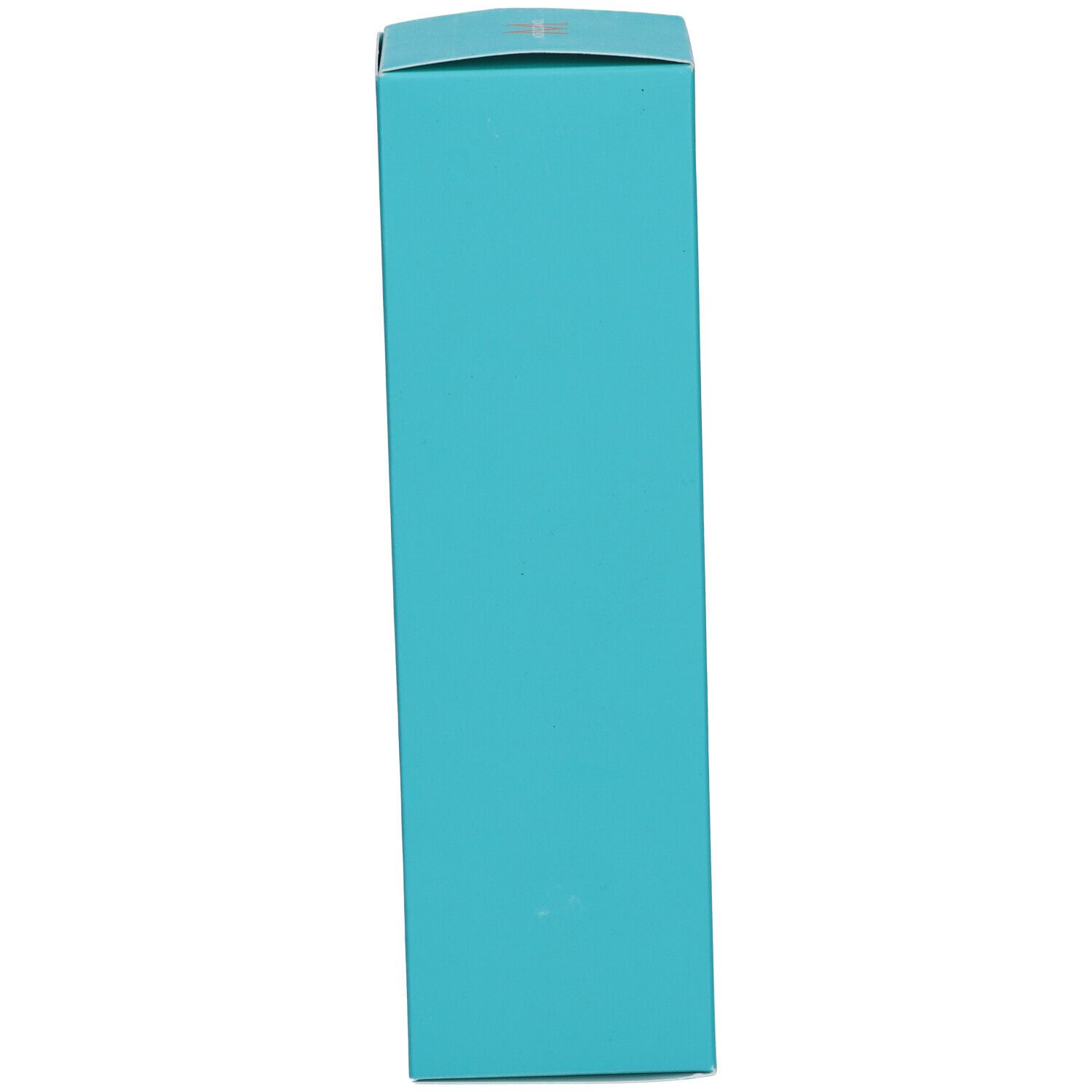 Boîte turquoise, vue latérale. Aucune inscription visible.