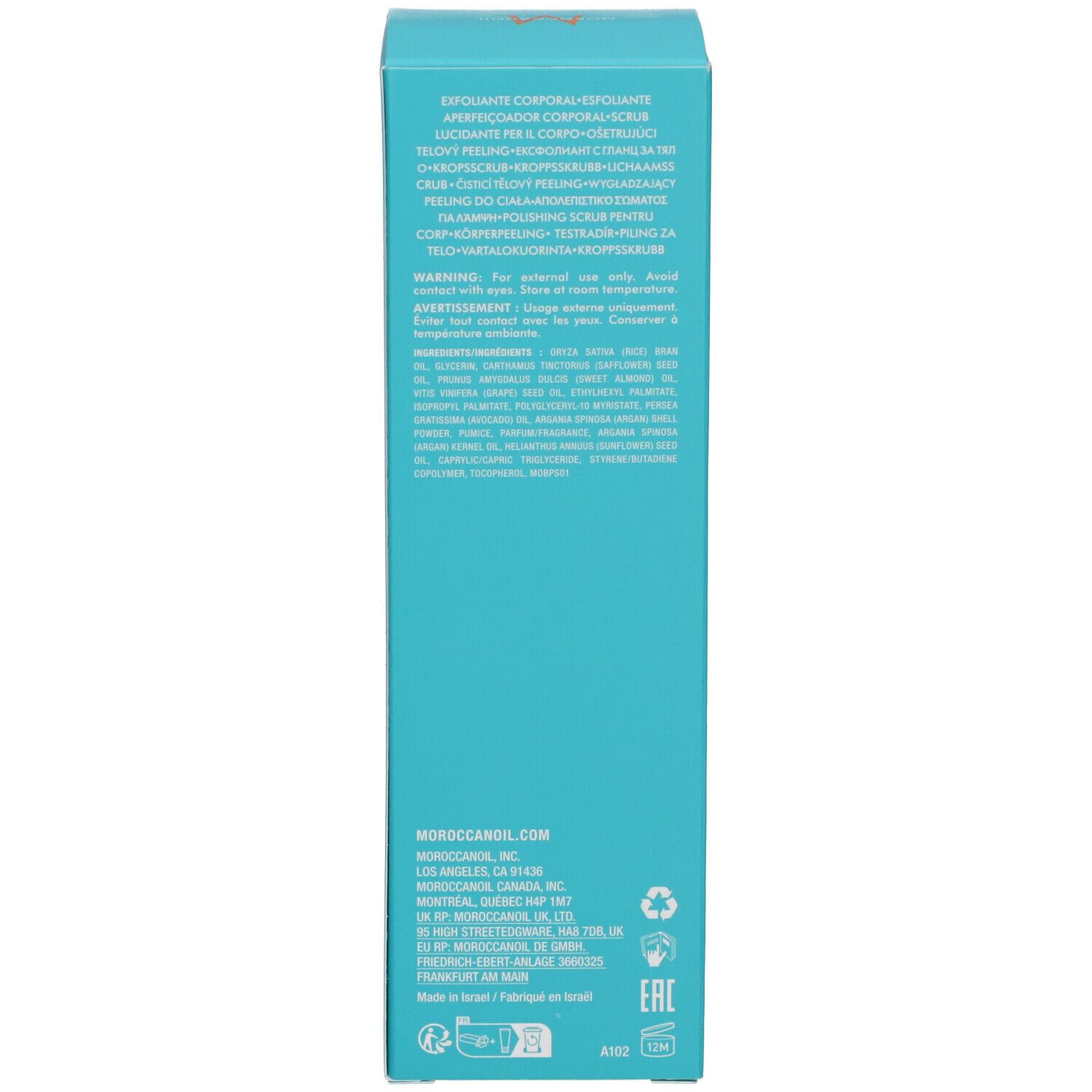 Dos de la boîte turquoise. Texte multilingue. Informations fabricant, logos.