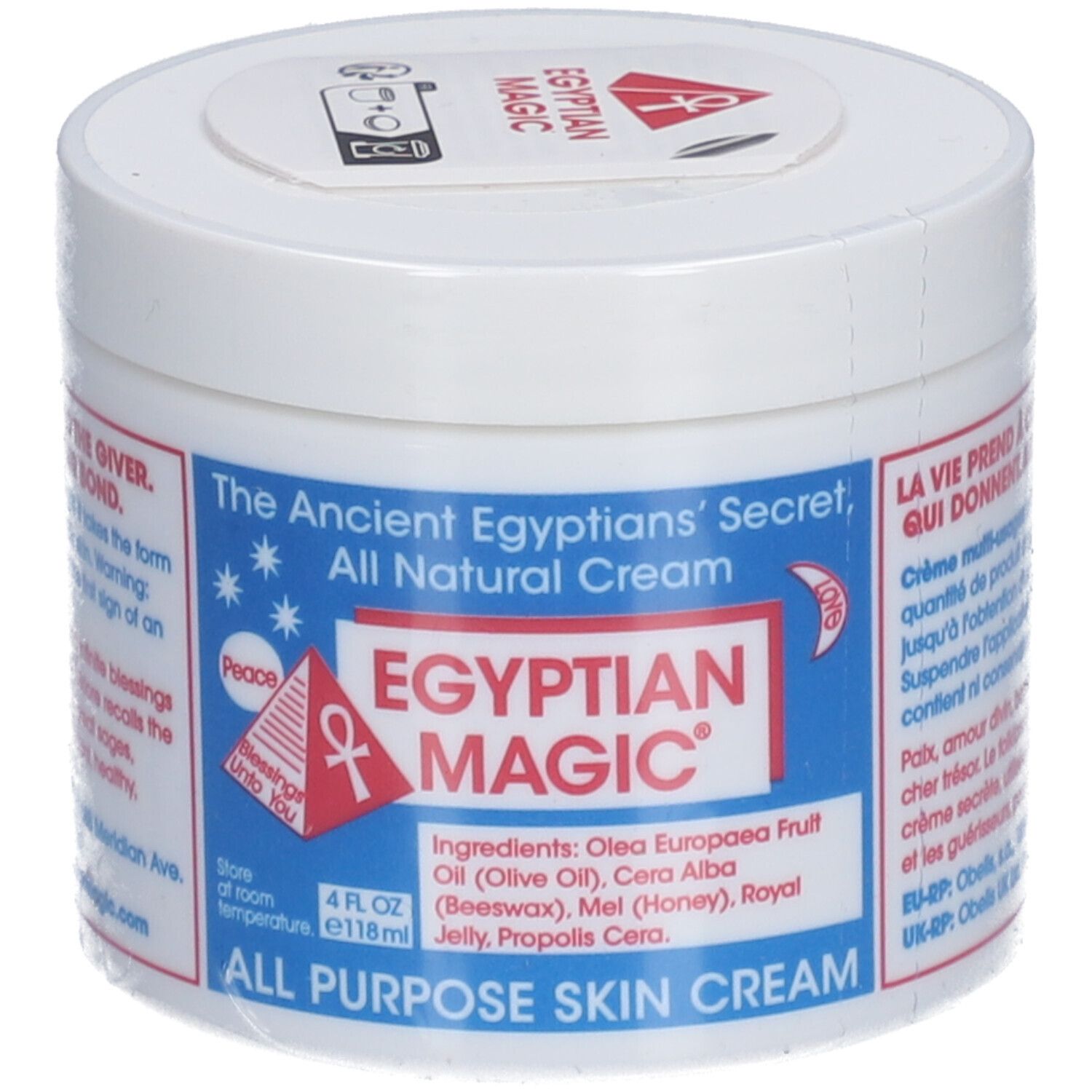 Pot blanc avec étiquette bleue et rouge. Inscription : Egyptian Magic, All Natural Cream, All Purpose Skin Cream.