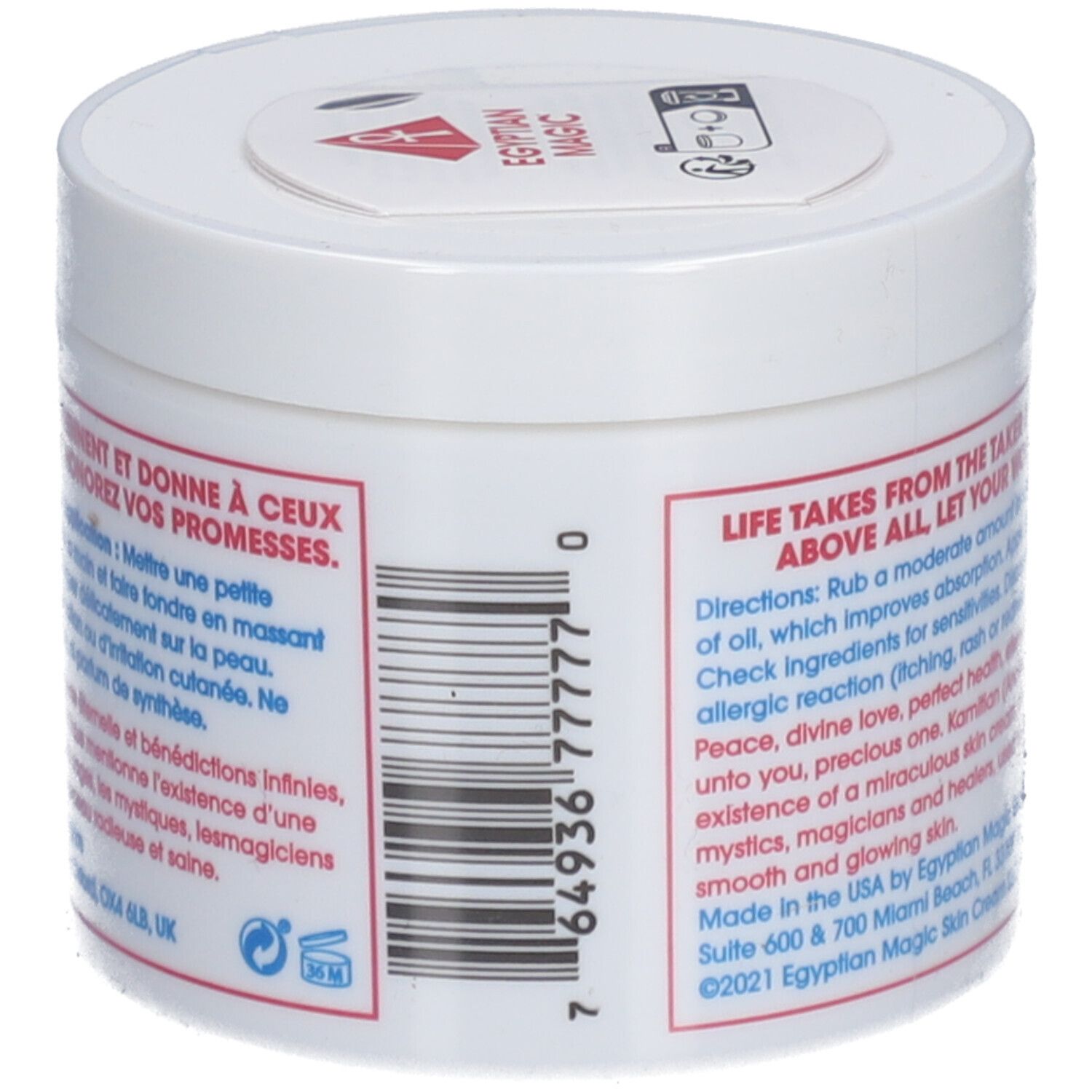 Pot blanc avec texte et code-barres. Inscription : Egyptian Magic. Fabriqué aux États-Unis. Adresse et site web.