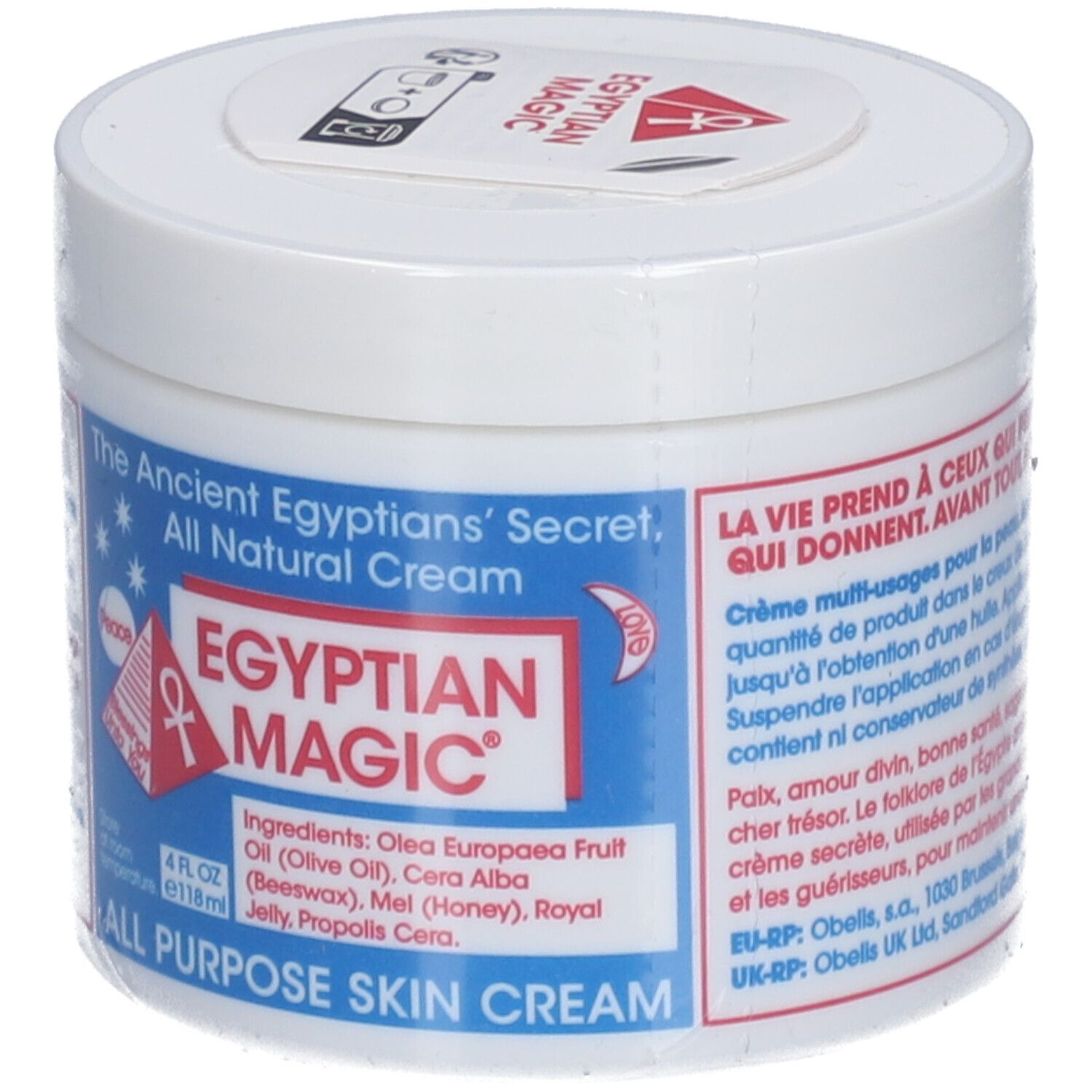 Pot blanc avec texte. Inscription : Egyptian Magic, All Natural Cream, All Purpose Skin Cream. Ingrédients.