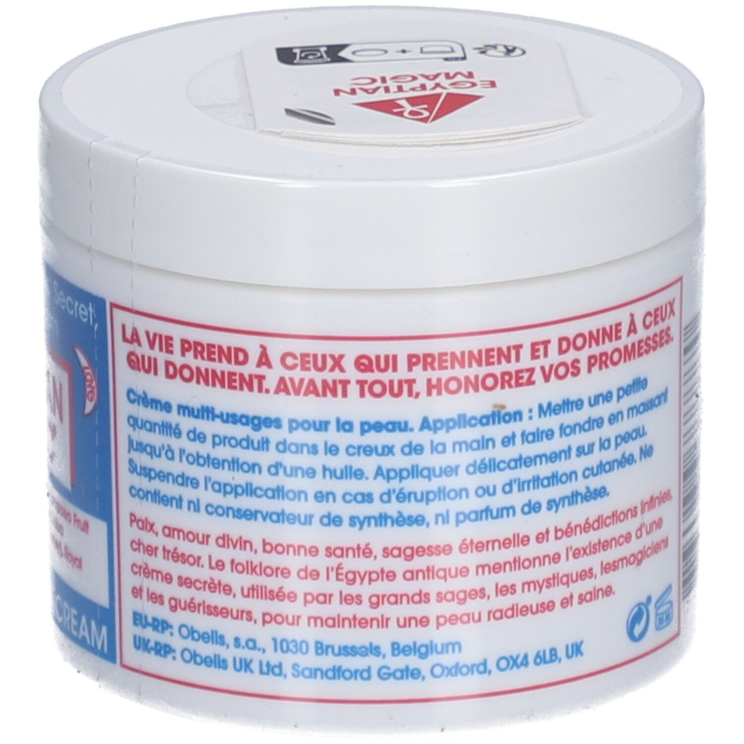 Pot blanc avec texte. Inscription : Egyptian Magic, All Natural Cream, All Purpose Skin Cream. Mode d'emploi.