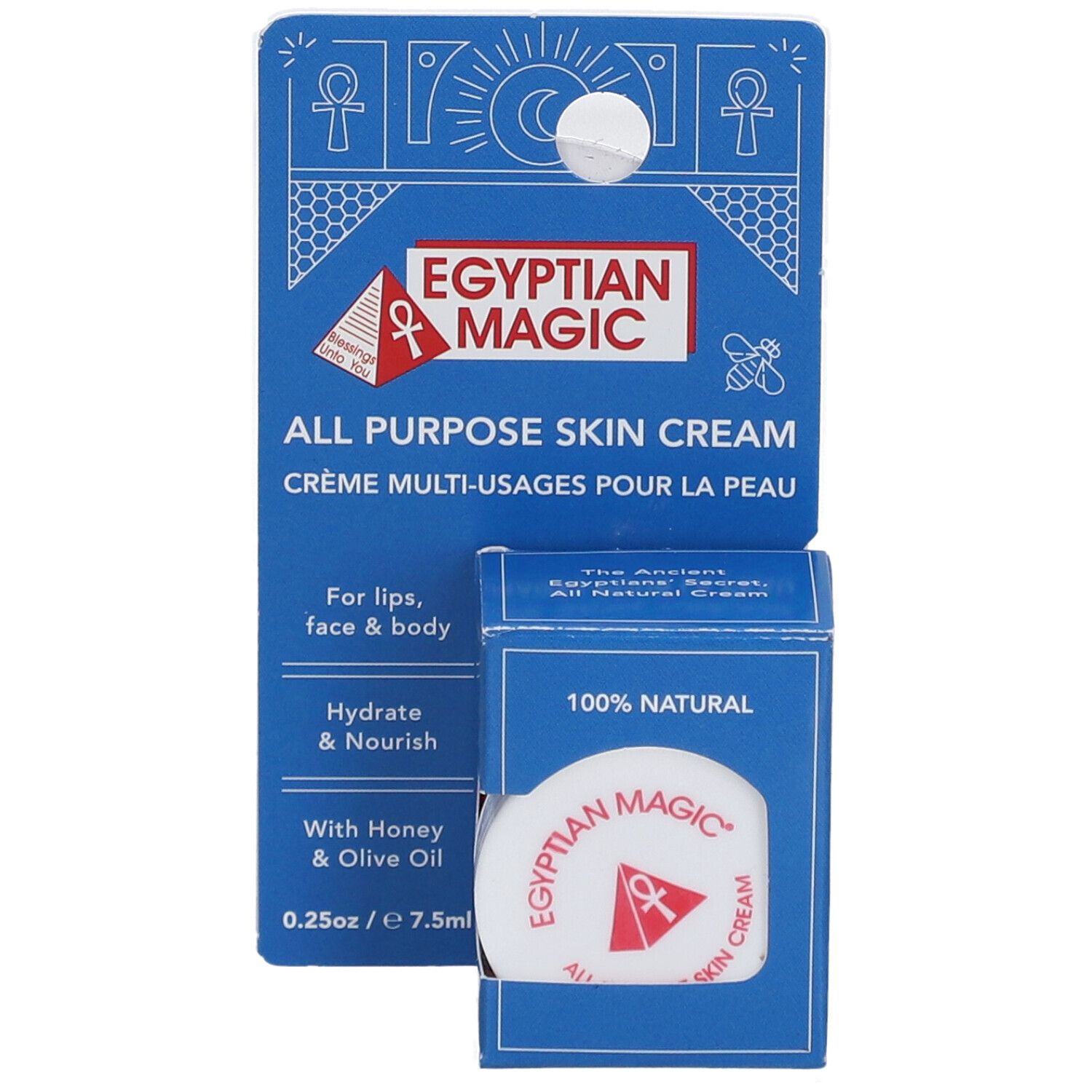 Présentoir en carton bleu avec crème. Inscription : Egyptian Magic, All Purpose Skin Cream. Pot de crème rond avec logo rouge.