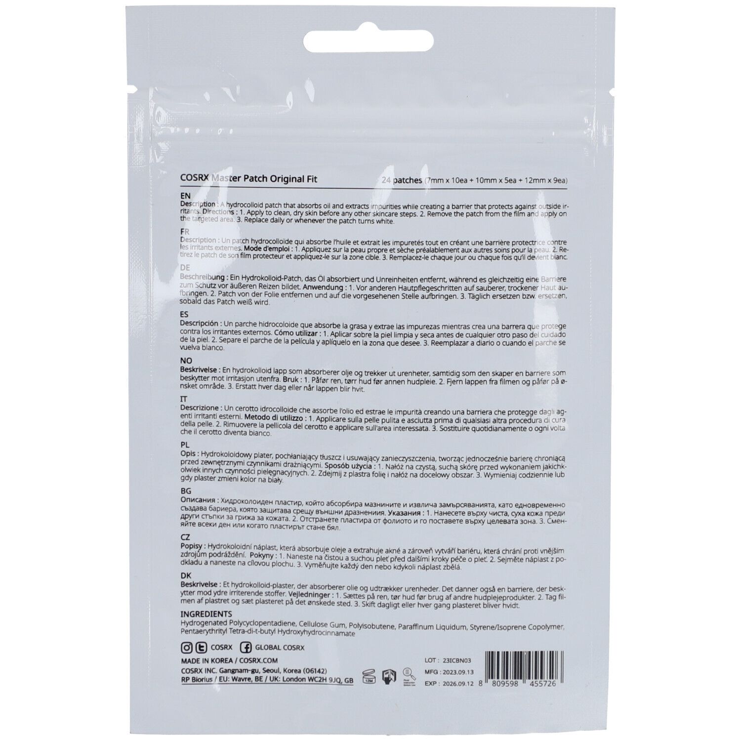 Dos de l'emballage. Texte multilingue. Nom du produit: Master Patch Original Fit. Ingrédients et informations du fabricant.