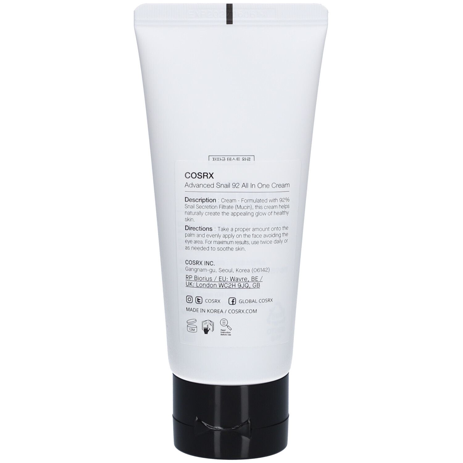 Dos du tube blanc. Bouchon noir. Texte: COSRX, Advanced Snail 92 All in One Cream. Description et mode d'emploi.