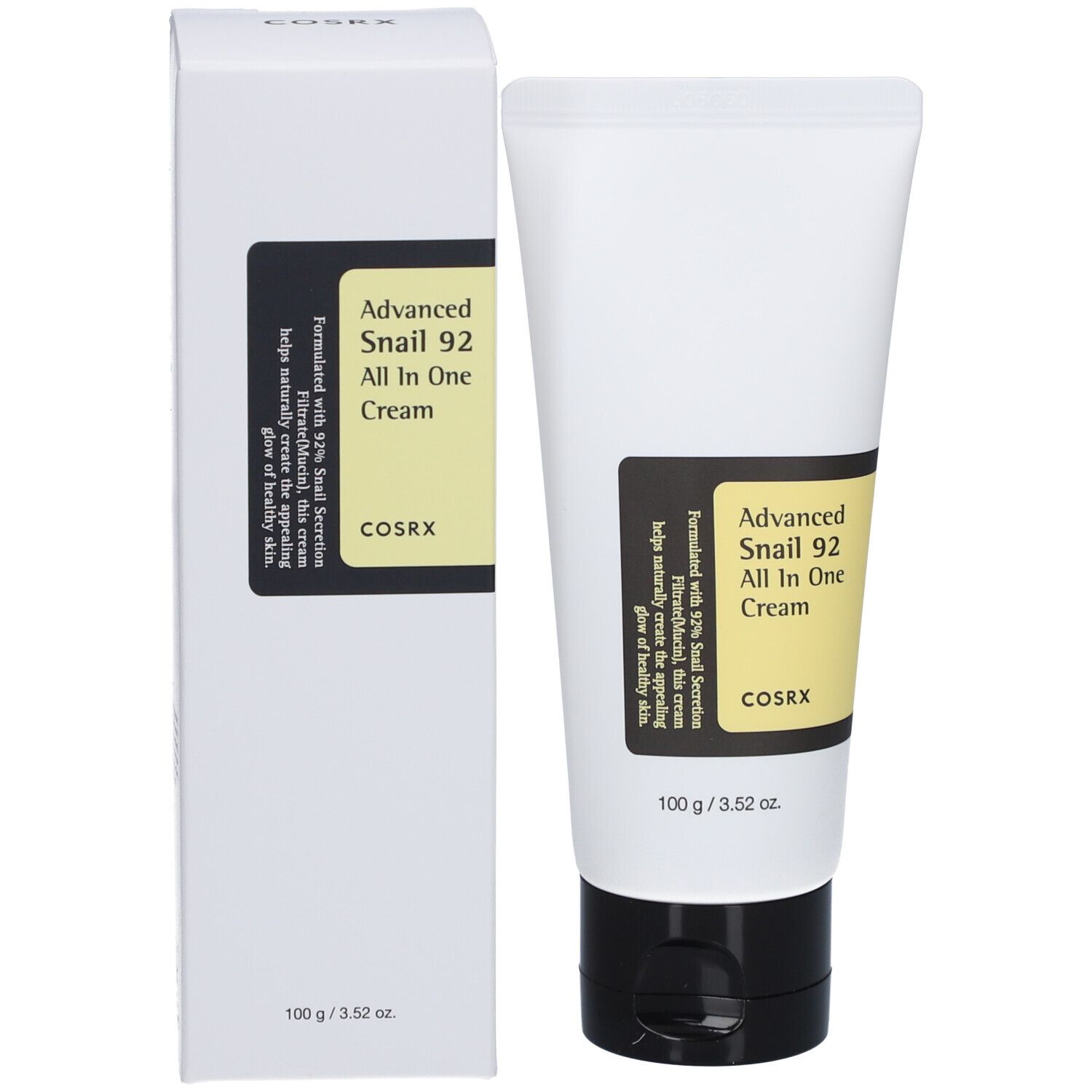 Emballage blanc avec tube. Étiquette avec nom et marque du produit. Fond jaune. Texte: Advanced Snail 92 All in One Cream.