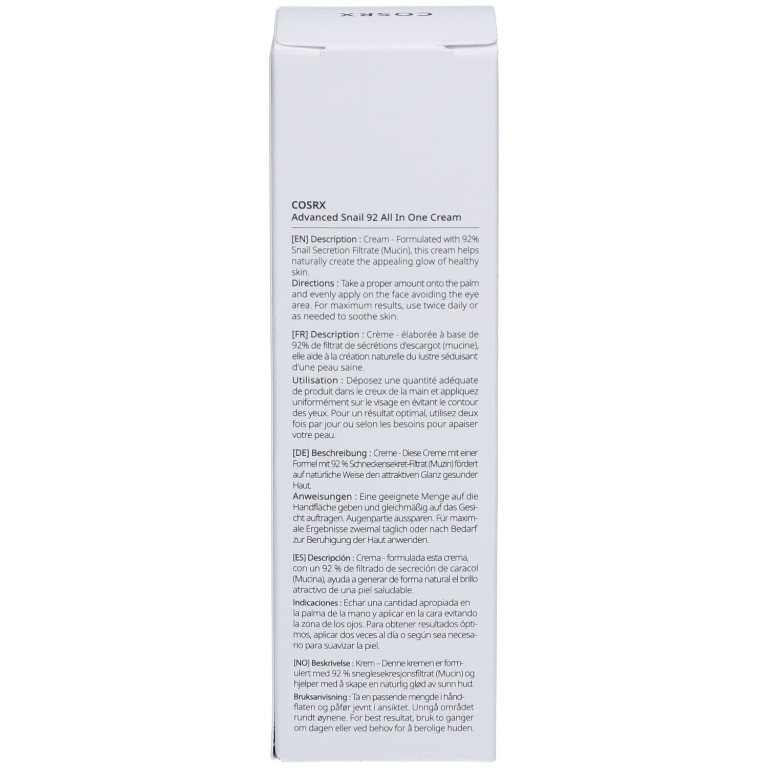Emballage blanc. Texte: Description, mode d'emploi, ingrédients, COSRX, logos et informations.