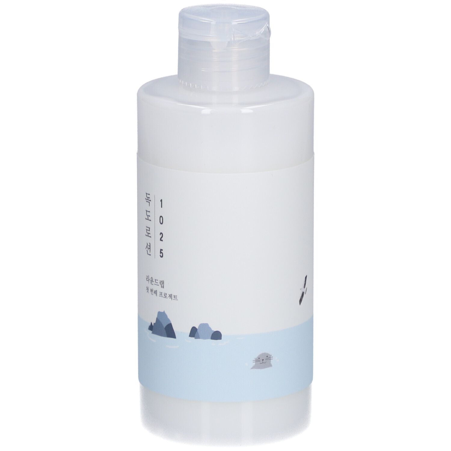 Witte lotionfles met klapdeksel. Blauwe band met rotsillustratie. Koreaanse karakters.