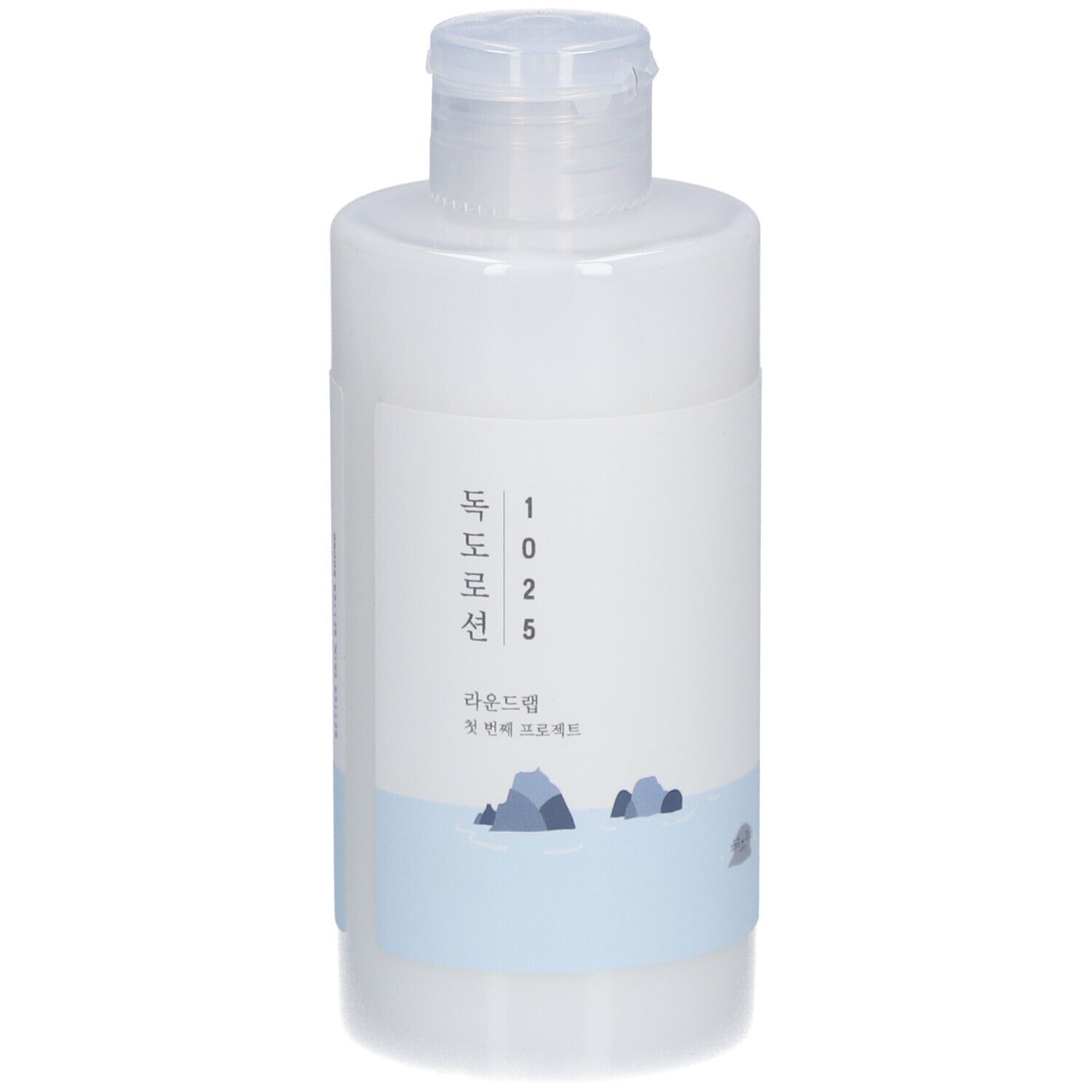 Witte lotionfles met klapdeksel. Blauwe band met rotsillustratie. Koreaanse karakters.