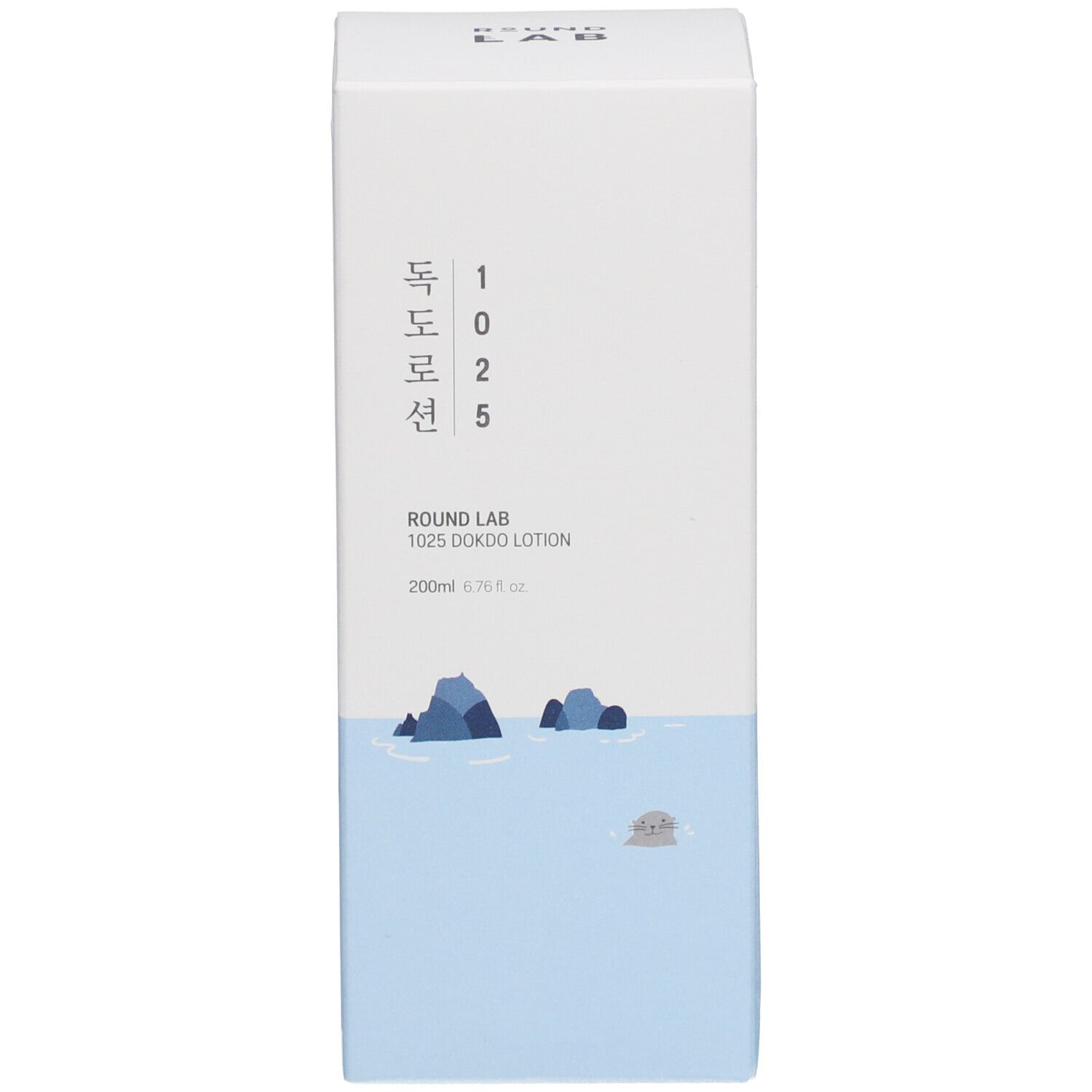 Doos met blauwe band en rotsillustratie. Koreaanse en Engelse tekst. Productnaam en merk.