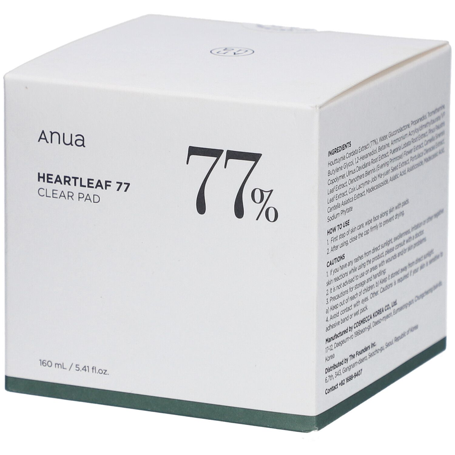 Witte doos met productinformatie. Opschrift: Anua, Heartleaf 77 Clear Pad, 77%.