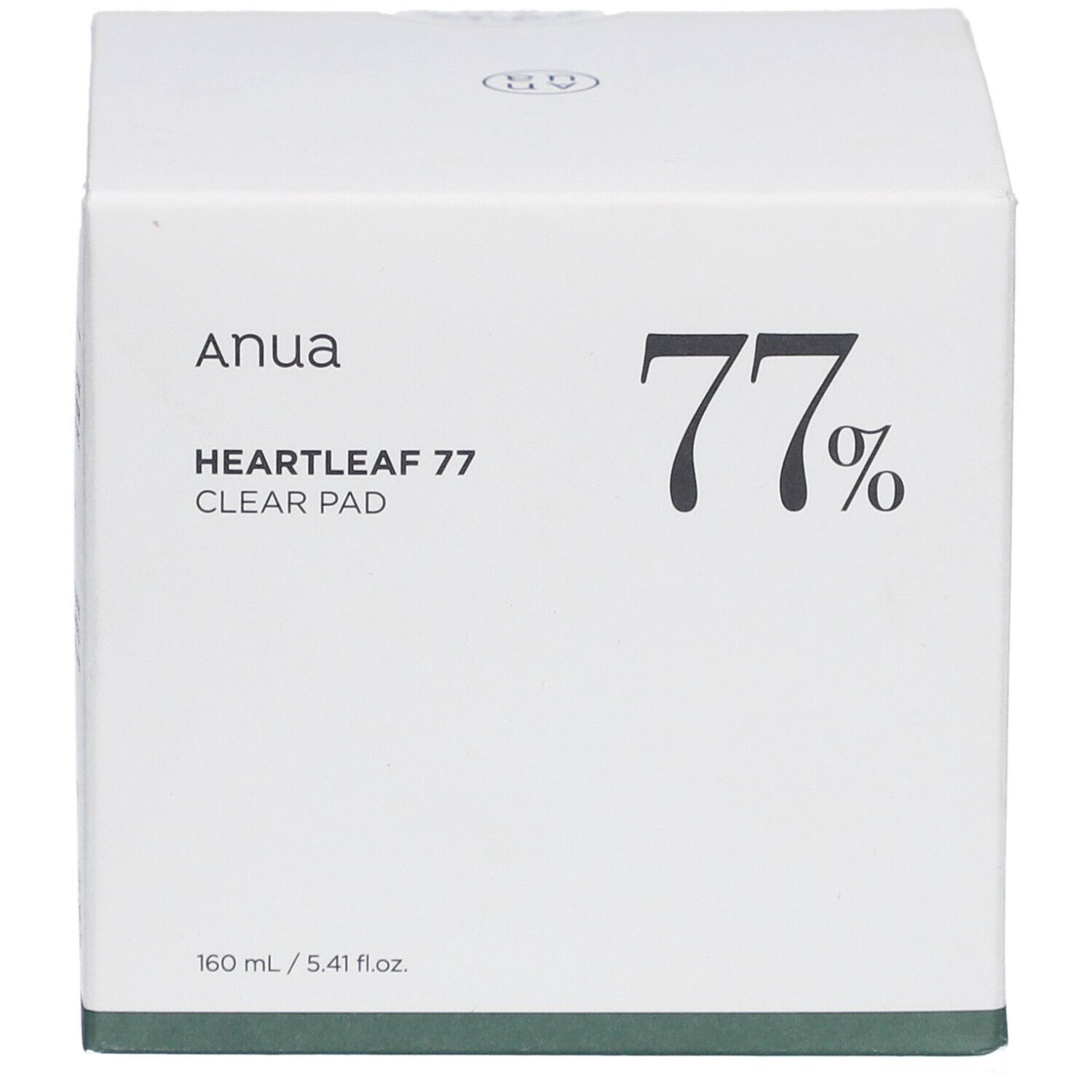 Witte doos met productinformatie. Opschrift: Anua, Heartleaf 77 Clear Pad, 77%.