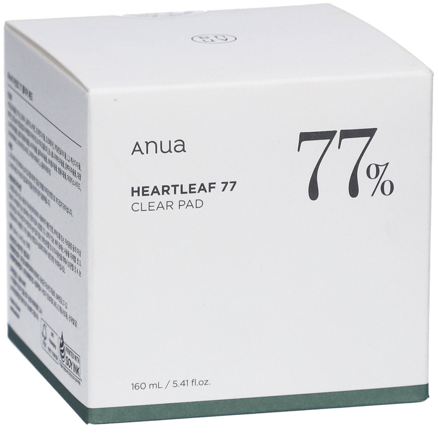 Witte doos met productinformatie. Opschrift: Anua, Heartleaf 77 Clear Pad, 77%.
