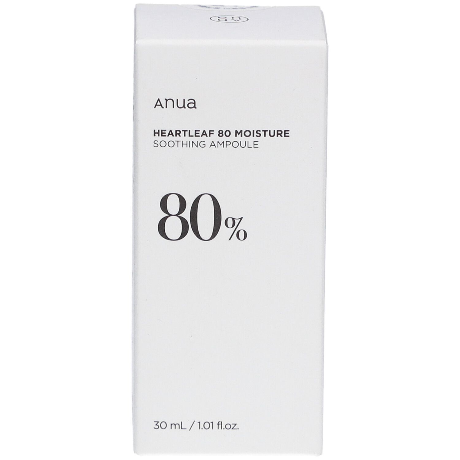 Witte productverpakking. Opschrift: Anua, Heartleaf 80% Moisture Soothing Ampoule, 80%. 30 ml / 1.01 fl.oz.