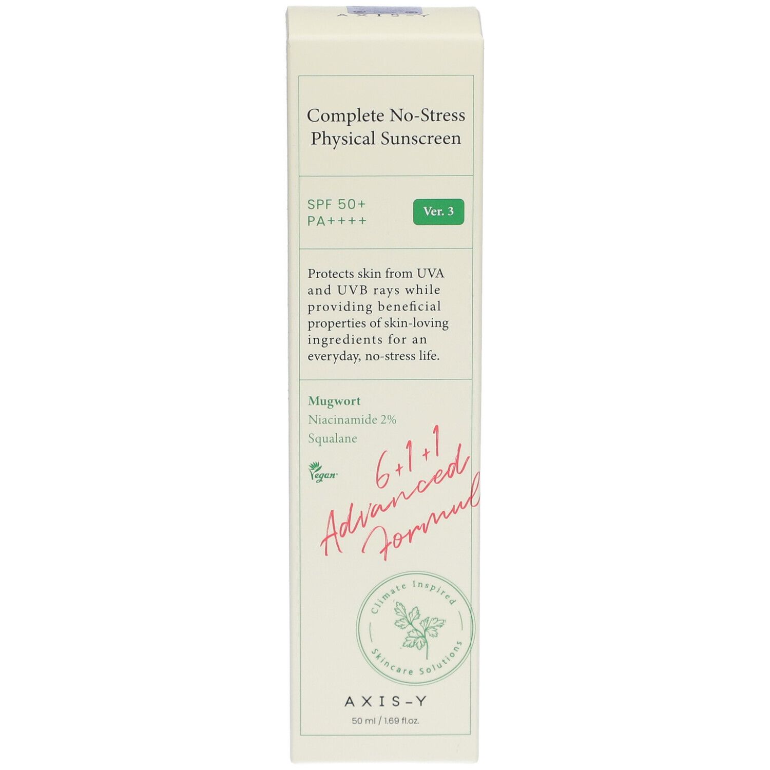 Verpakking: AXIS-Y Complete No-Stress Physical Sunscreen, SPF 50+ PA++++, Ver. 3, met ingrediënten.