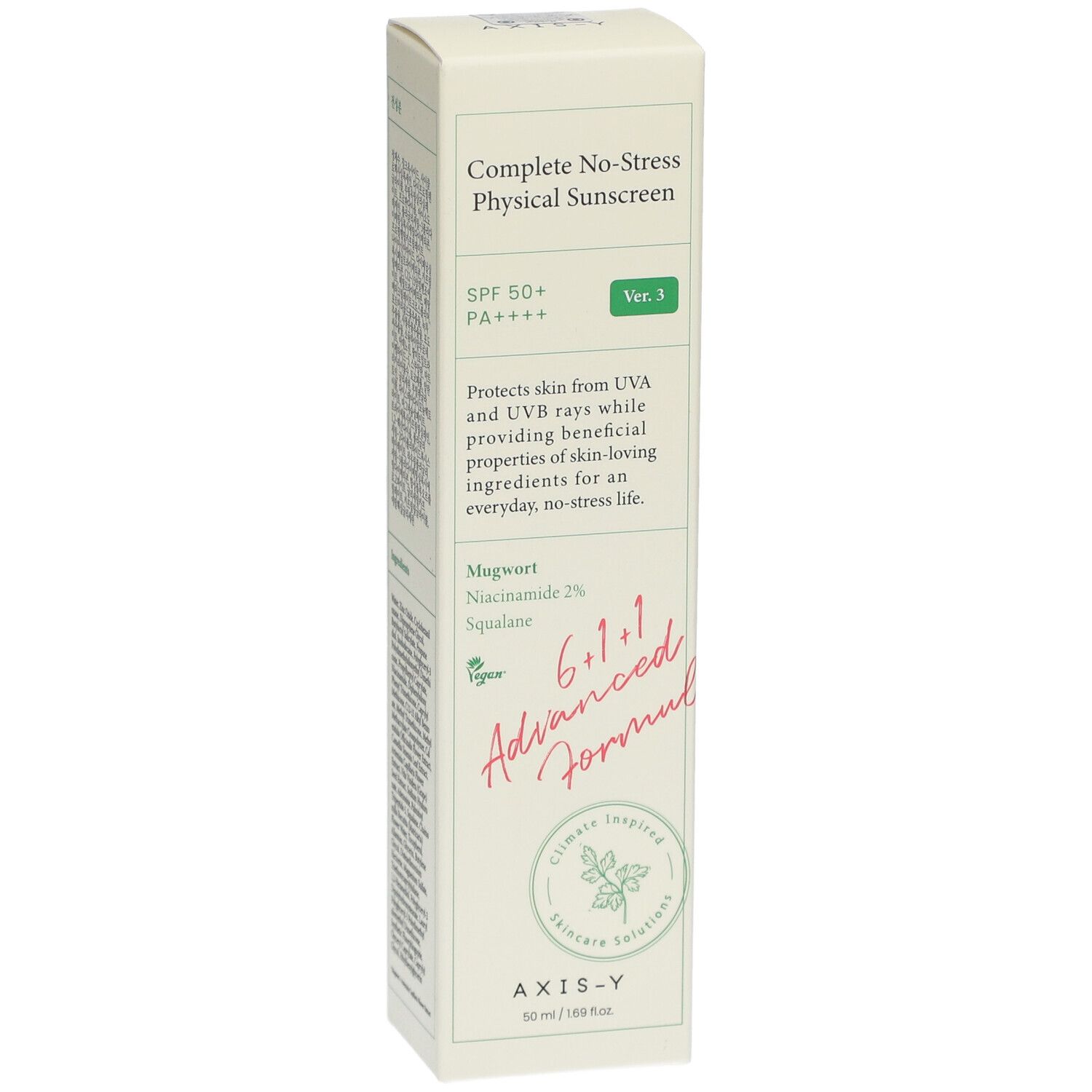 Verpakking: AXIS-Y Complete No-Stress Physical Sunscreen, SPF 50+ PA++++, Ver. 3, met ingrediënten.