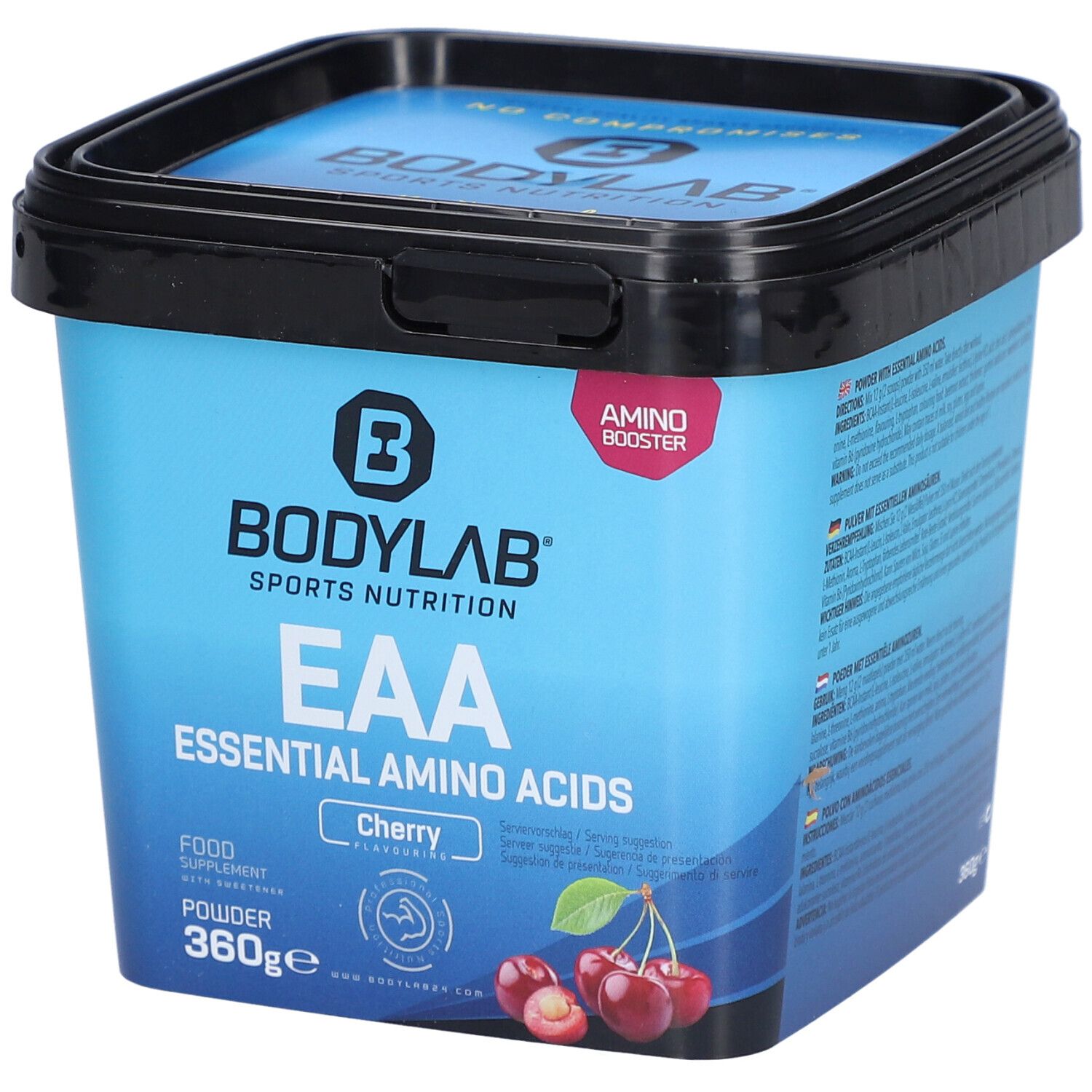 Seau bleu avec couvercle noir. Inscription : BODYLAB EAA Essential Amino Acids, cerise. 360g de poudre. Illustration de cerises.