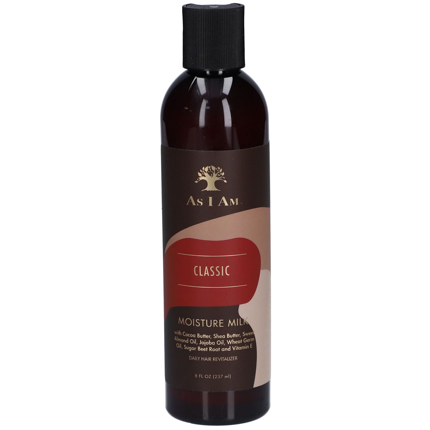 Bruine fles met zwarte dop. Opschrift: AS I AM, CLASSIC, MOISTURE MILK. Bevat cacaoboter, sheaboter, zoete amandelolie, jojoba-olie, tarwekiemolie, suikerrietwortel en vitamine E.