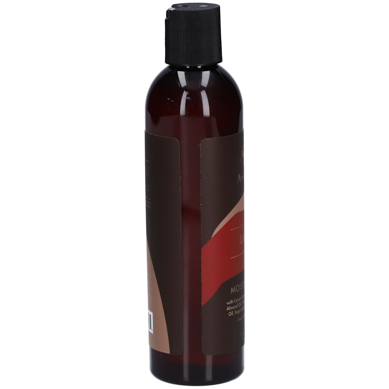 Bruine fles met zwarte dop. Opschrift: AS I AM, CLASSIC, MOISTURE MILK. Bevat cacaoboter, sheaboter, zoete amandelolie, jojoba-olie, tarwekiemolie, suikerrietwortel en vitamine E.