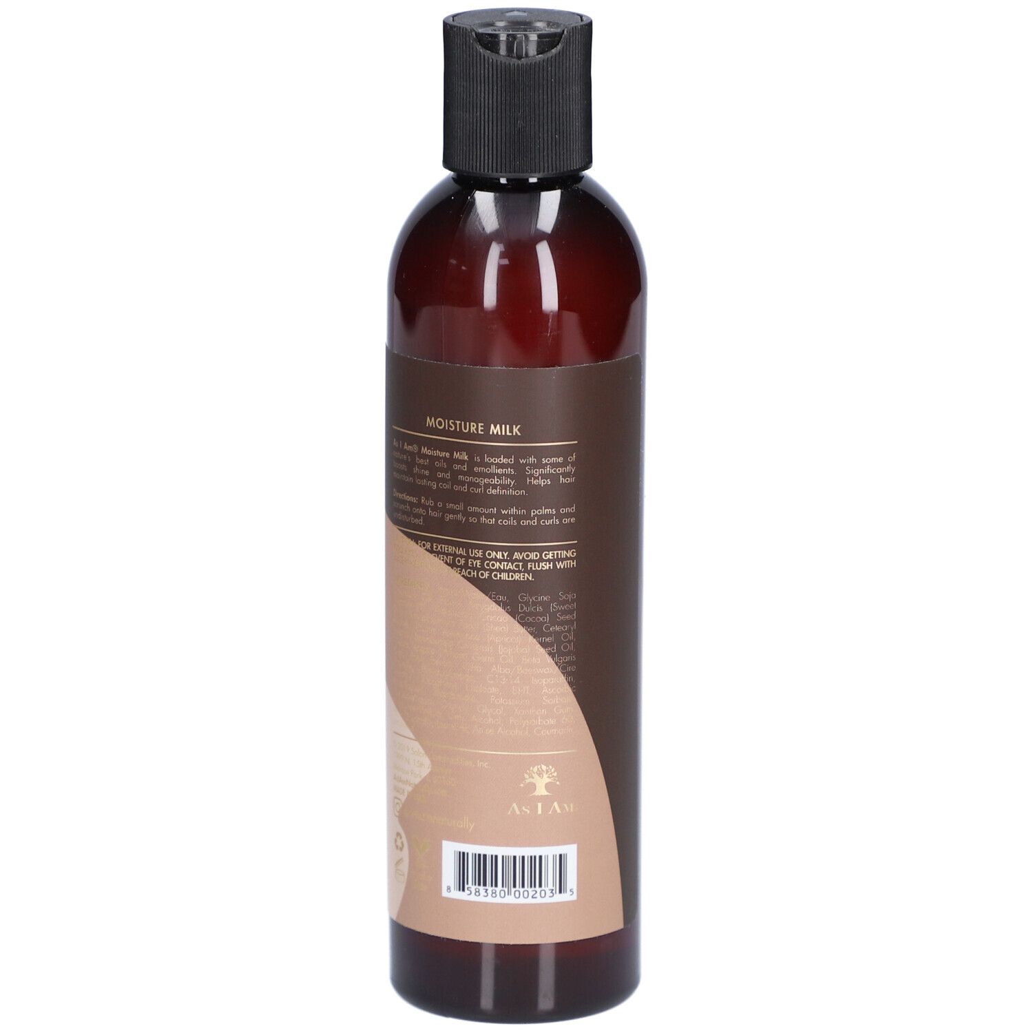 Bruine fles met zwarte dop. Opschrift: AS I AM, CLASSIC, MOISTURE MILK. Bevat cacaoboter, sheaboter, zoete amandelolie, jojoba-olie, tarwekiemolie, suikerrietwortel en vitamine E.