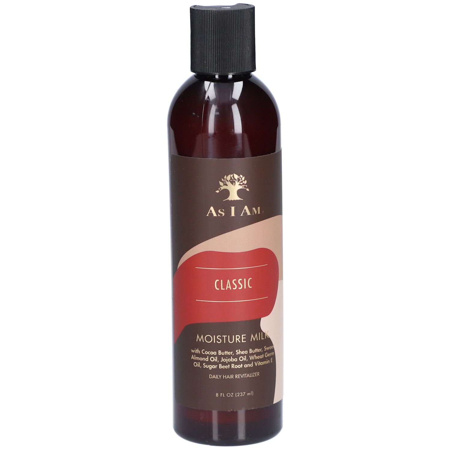 Bruine fles met zwarte dop. Opschrift: AS I AM, CLASSIC, MOISTURE MILK. Bevat cacaoboter, sheaboter, zoete amandelolie, jojoba-olie, tarwekiemolie, suikerrietwortel en vitamine E.